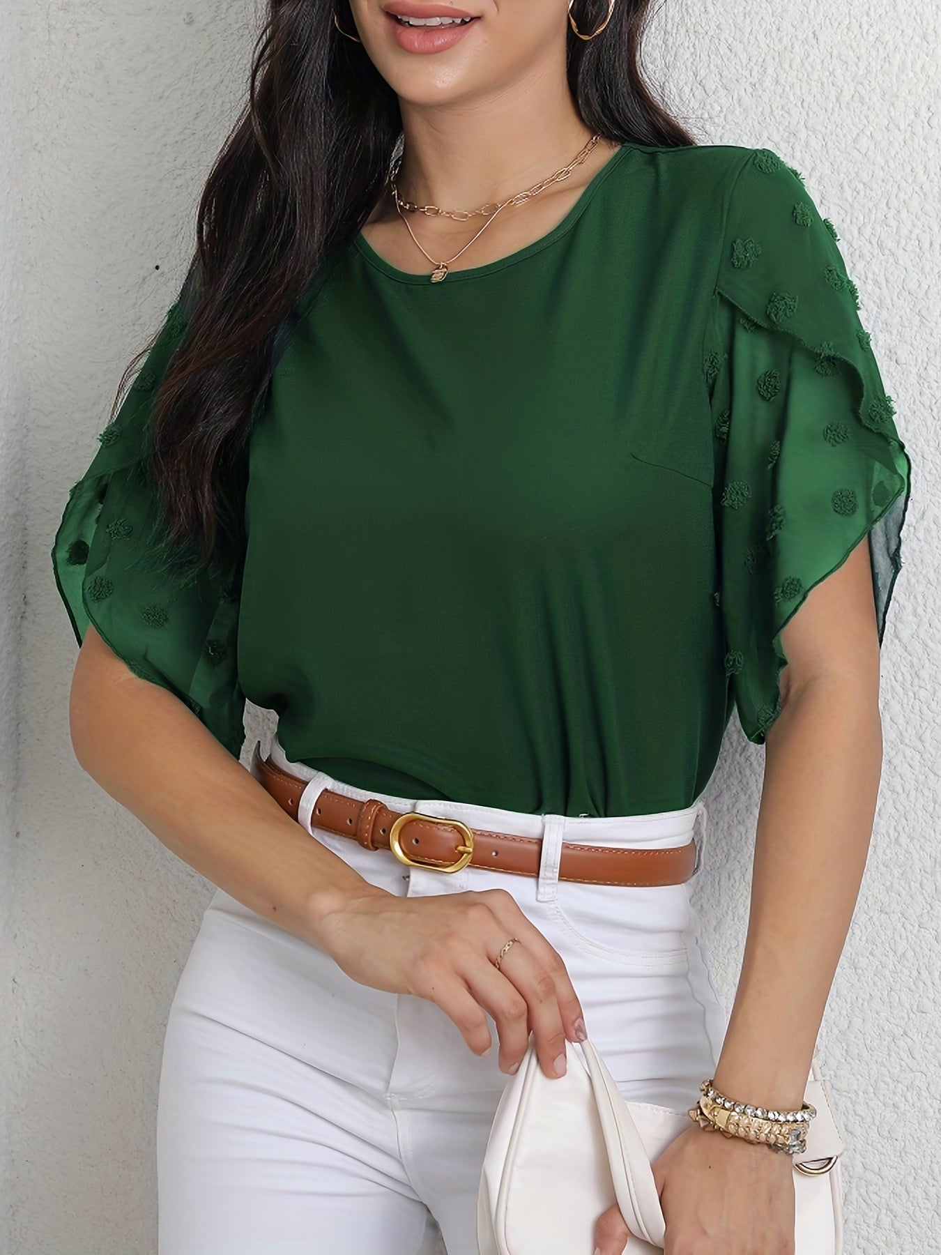 vlovelaw Swiss Dot Half Sleeve Blouse, Casual Solid Crew Neck Summer Blouse, Women's Clothing