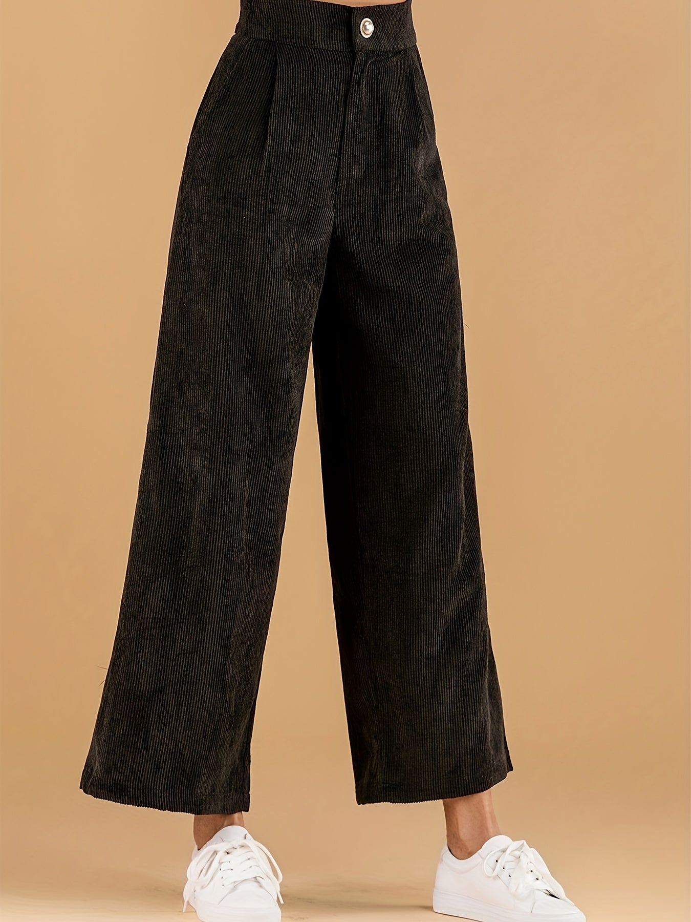 Solid Corduroy Wide Leg Pants, Casual High Waist Slant Pocket Pants, Women's Clothing