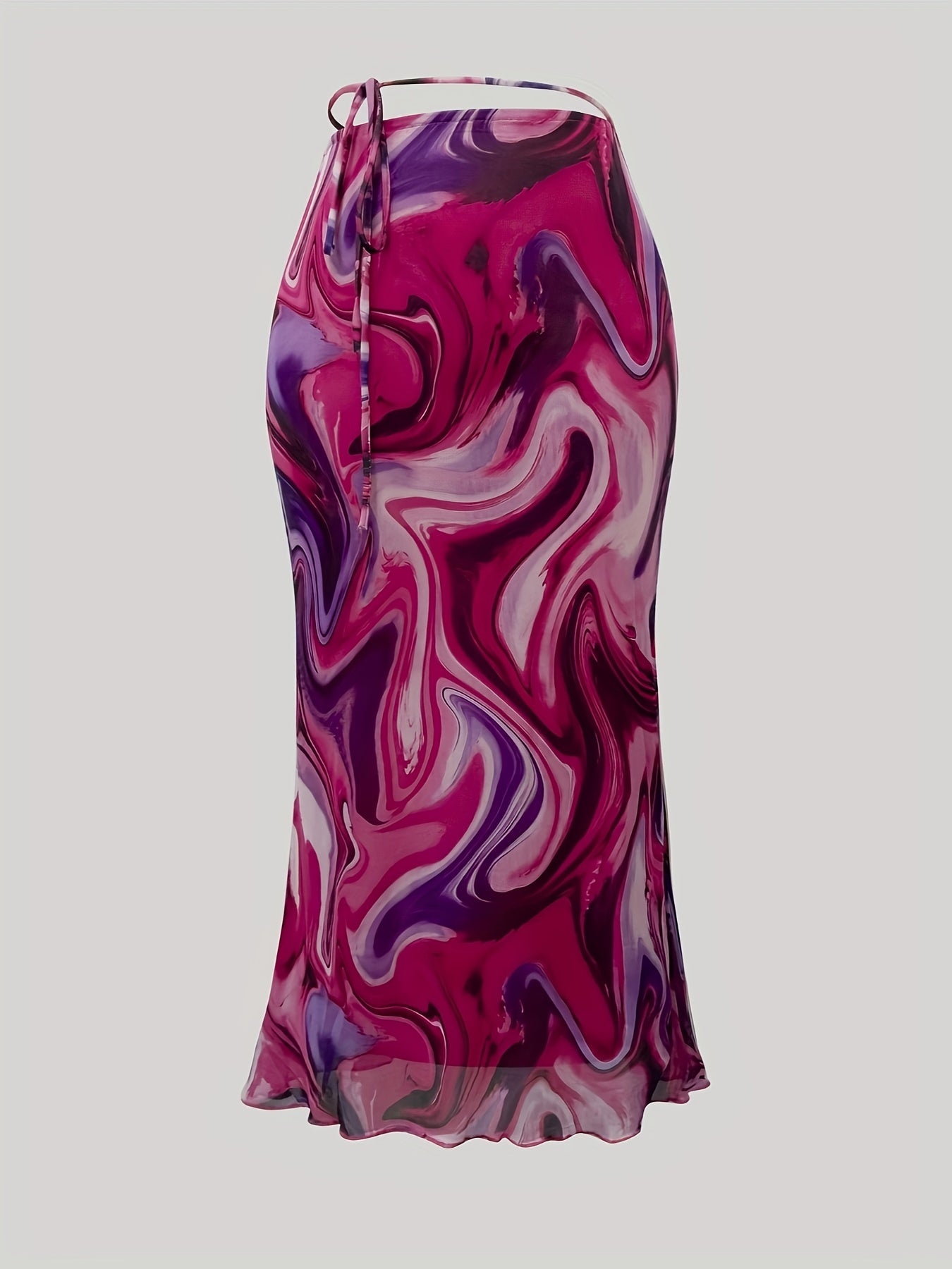 All Over Print Tie Waist Mesh Skirt, Casual Skirt For Spring & Summer, Women's Clothing
