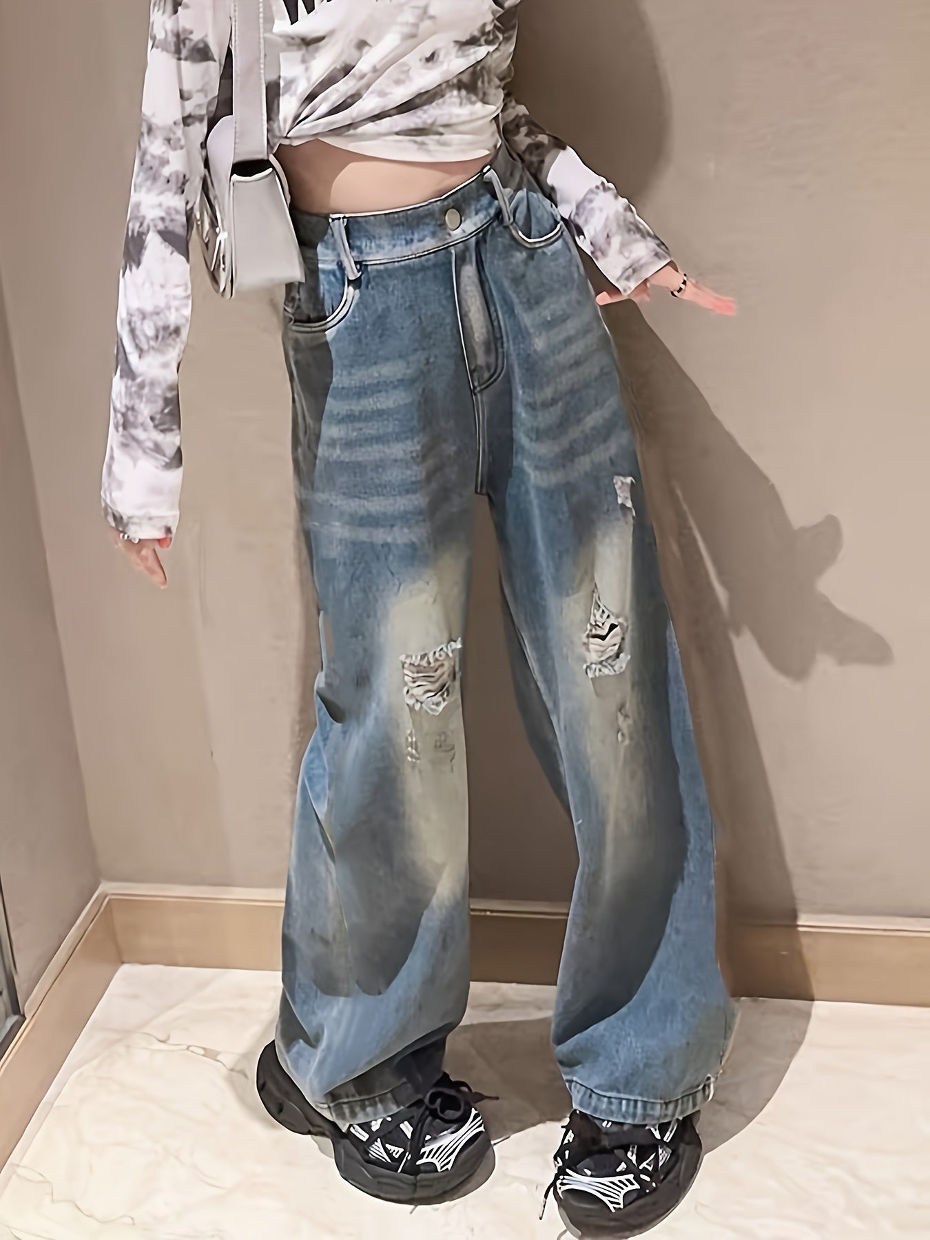 vlovelaw Girls Vintage High Waist Ripped Jeans Baggy & Casual Style Denim Trousers For Street Going Out
