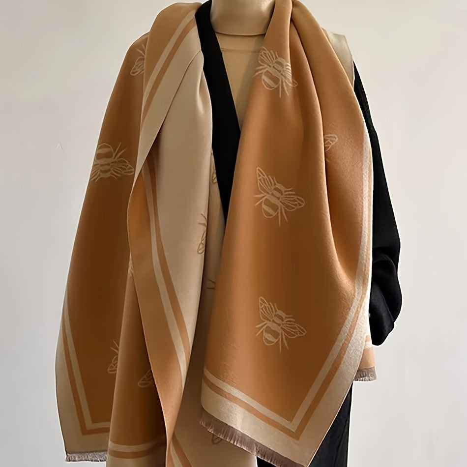 Bee Jacquard Scarf - Timeless Elegant Style, Ultra-Soft, Warm and Cozy, Fashionable Fringe, Windproof and Coldproof - Perfect for Autumn and Winter, Versatile Shawl Design, Cozy Blanket Scarf
