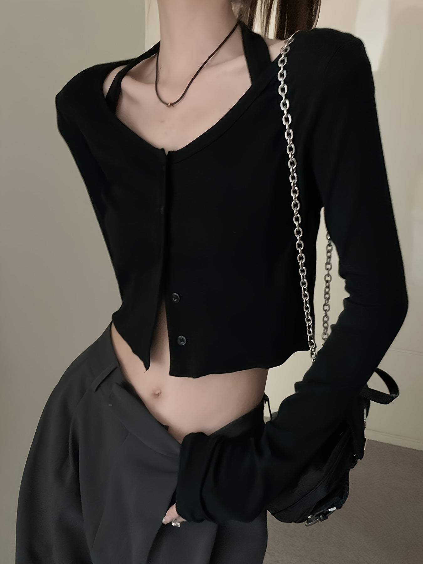 vlovelaw Solid Button Front Crop T-Shirt, Versatile Faux Halter Long Sleeve T-Shirt For Spring & Fall, Women's Clothing