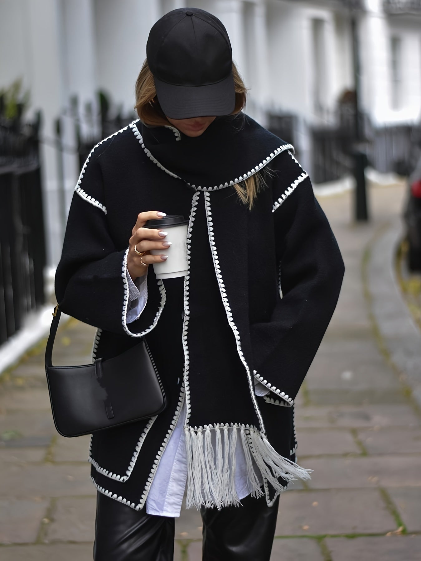 vlovelaw Contrast Trim Button Front Coat, Casual Long Sleeve Warm Outerwear, Women's Clothing