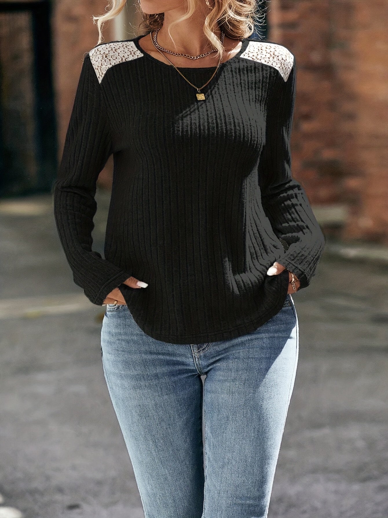 vlovelaw Lace Panel Ribbed Knit T-Shirt, Casual Long Sleeve Crew Neck T-Shirt For Spring & Fall, Women's Clothing