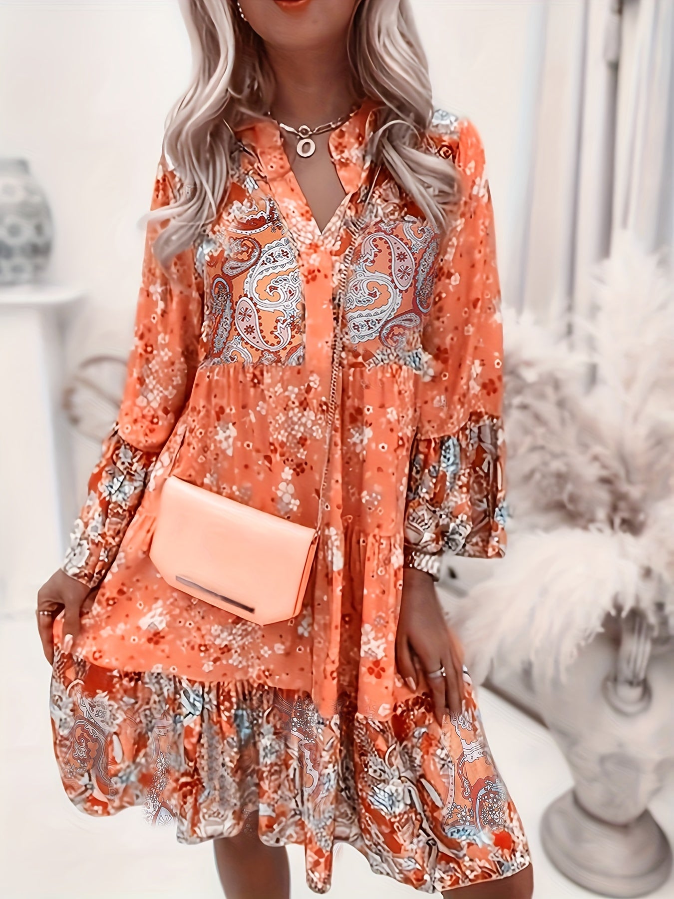 vlovelaw Floral Print Ruffle Hem Dress, Boho Holiday Long Sleeve V-neck Dress, Women's Clothing