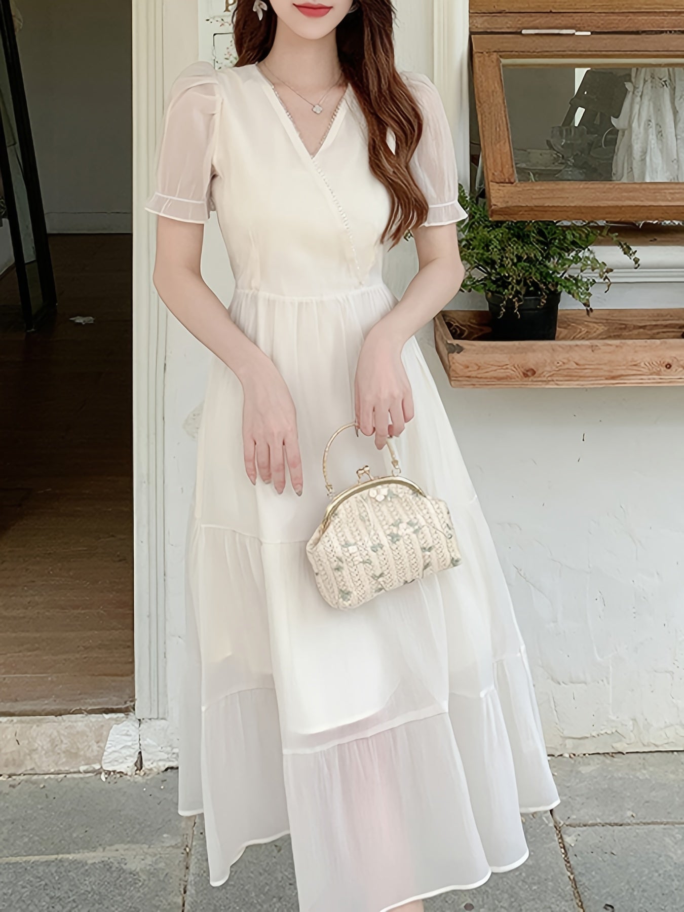 vlovelaw Mesh Overlay Puff Sleeve Dress, Elegant V-neck A-line Dress For Spring & Summer, Women's Clothing