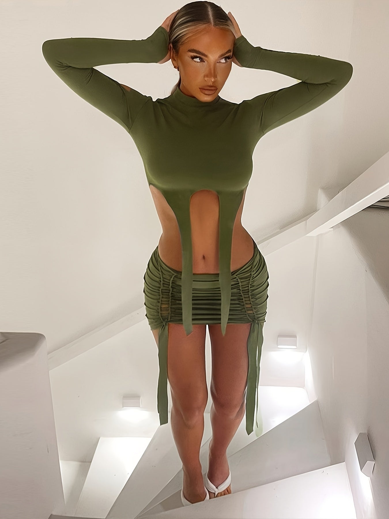 vlovelaw Cutout Solid Two-piece Skirt Set, Irregular Hem Long Sleeve Top & Slim Mini Skirt Outfits, Women's Clothing
