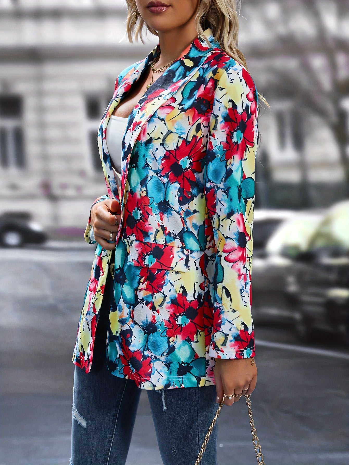 Floral Print Open Front Blazer, Casual Lapel Long Sleeve Blazer For Office & Work, Women's Clothing