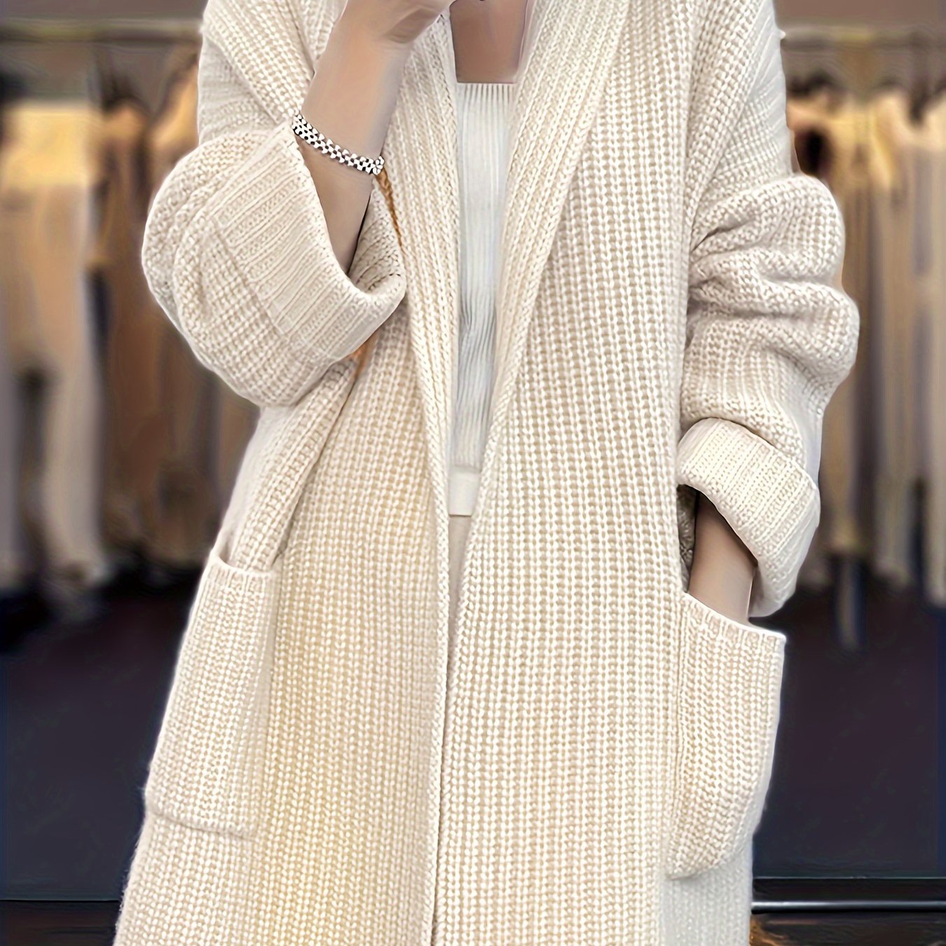 vlovelaw Solid Open Front Knit Cardigan, Casual Long Sleeve Drop Shoulder Sweater With Pocket, Women's Clothing