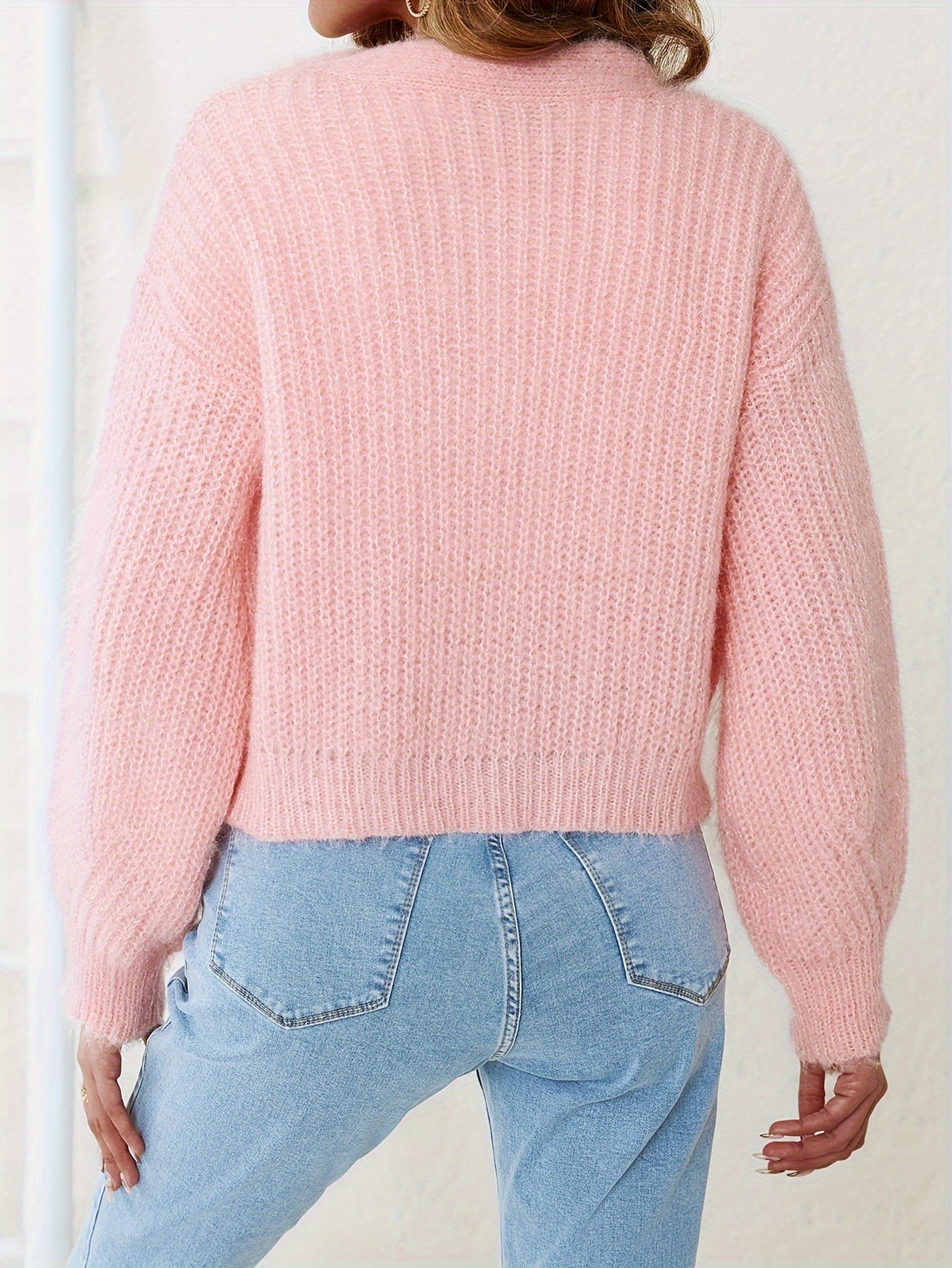 vlovelaw Solid Button Up Knit Cardigan, Cute V Neck Long Sleeve Sweater, Women's Clothing