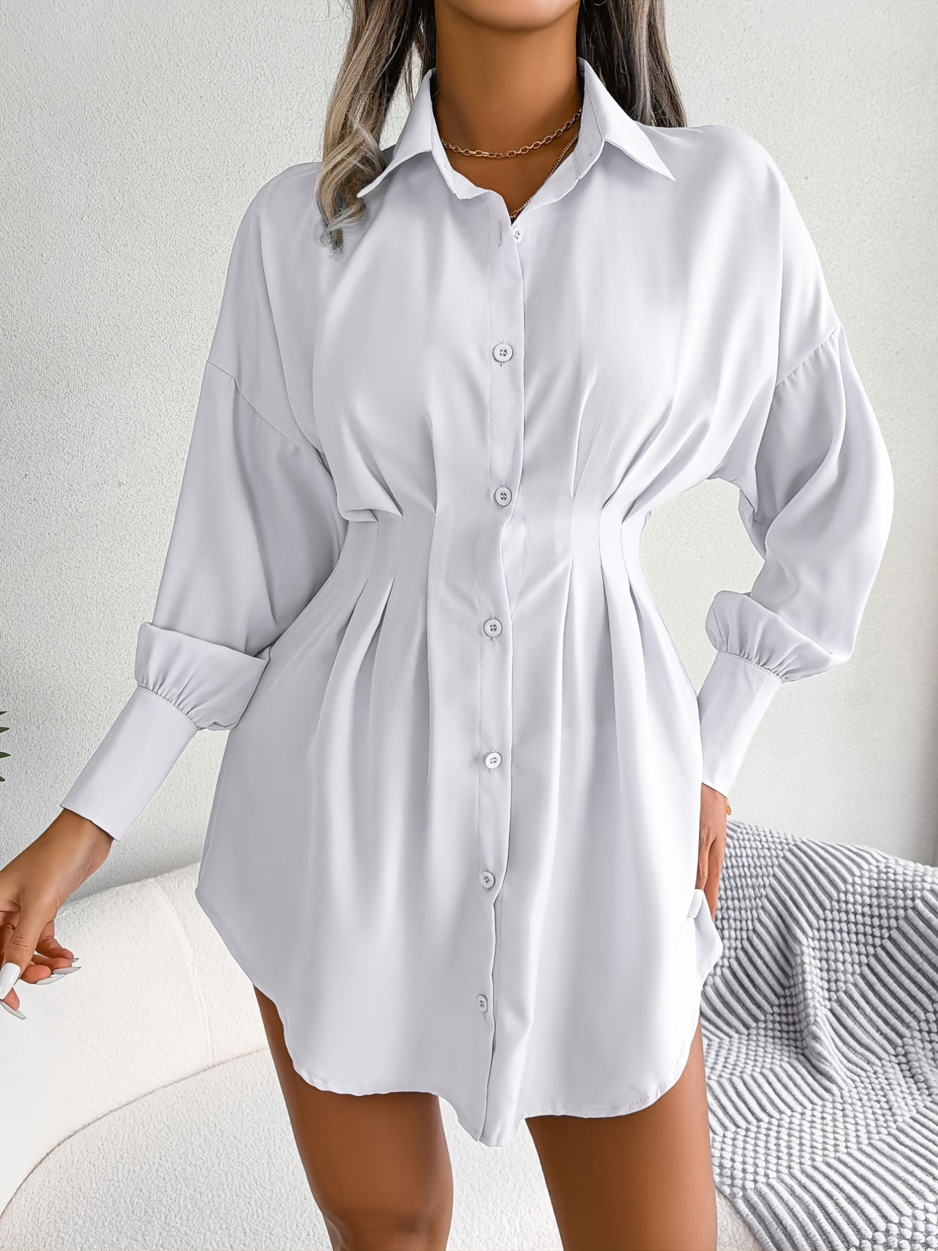 Lantern Sleeve Pleated Waist Dress, Casual Shirt Dress For Spring & Fall, Women's Clothing