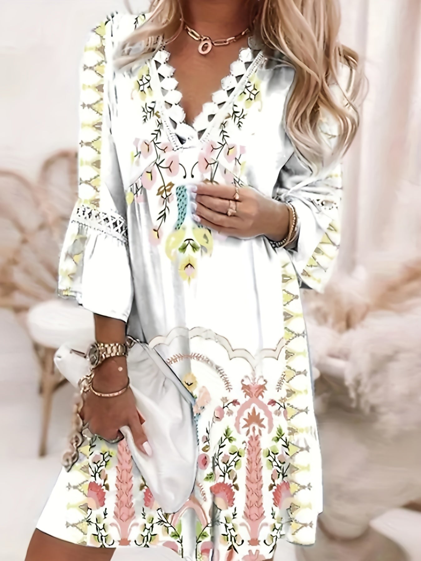 vlovelaw Floral Print Lace Trim Dress, Vacation 3/4 Sleeve Summer V Neck Midi Dress, Women's Clothing