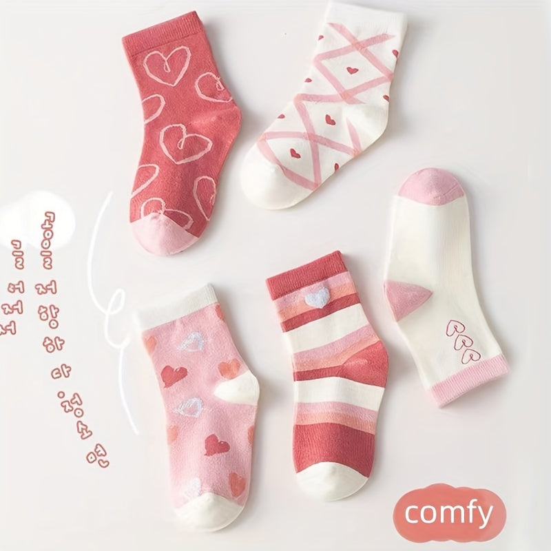 10pcs Kids' Cute Pink Floral & Heart Pattern Socks - Cozy Polyester Blend, Perfect for Fall/Winter - Mid-Calf Athletic & Floor Socks