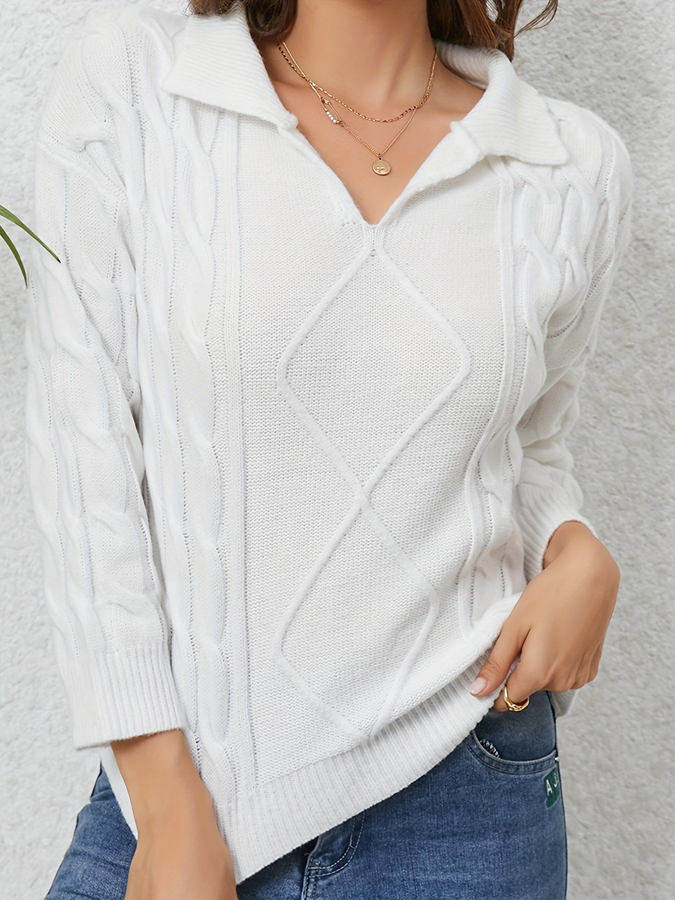vlovelaw Solid Cable Knit Sweater, Casual V Neck 3/4 Sleeve Sweater, Women's Clothing