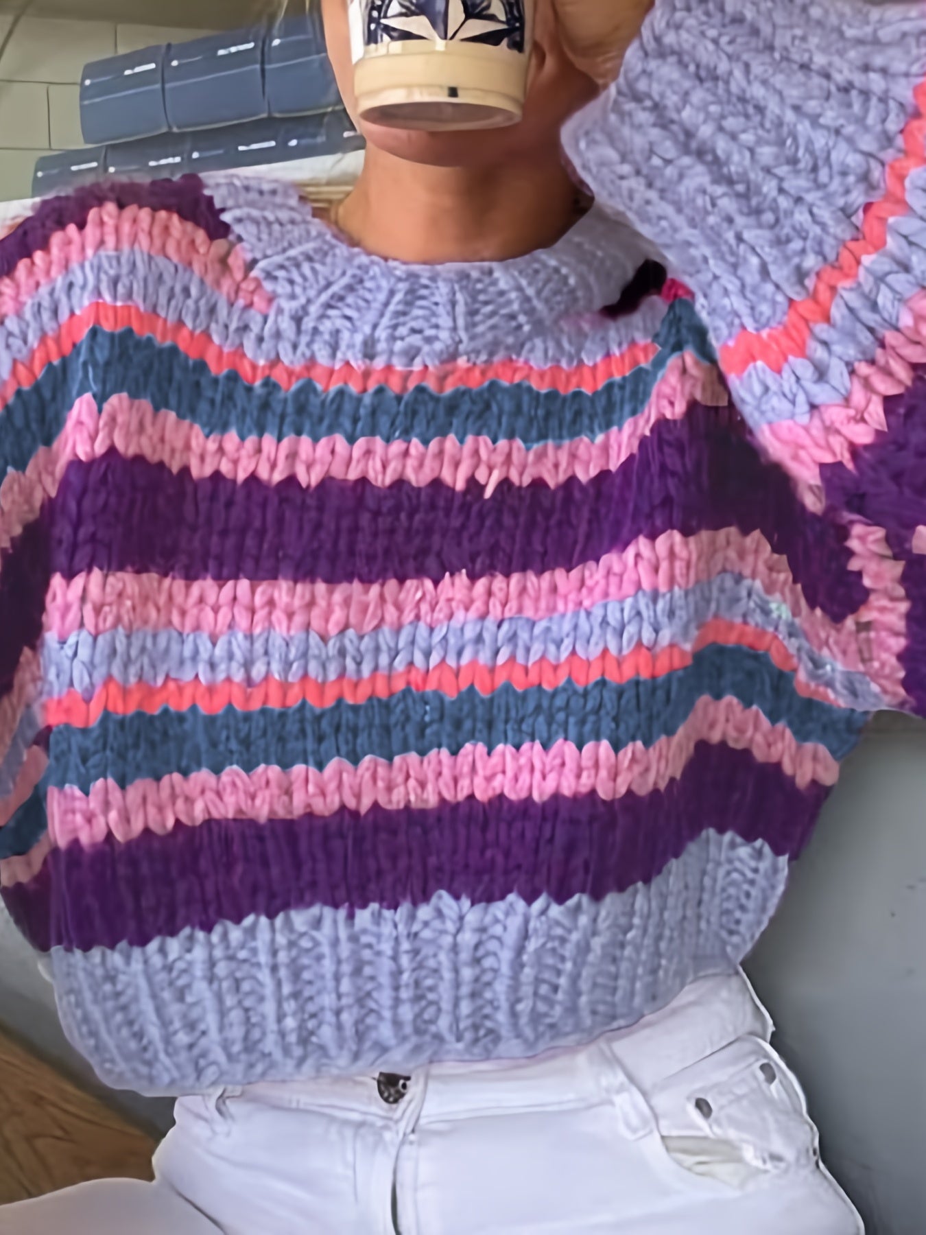 vlovelaw vlovelaw Y2K Striped Crew Neck Crop Sweater, Long Sleeve Drop Shoulder Sweater, Women's Clothing