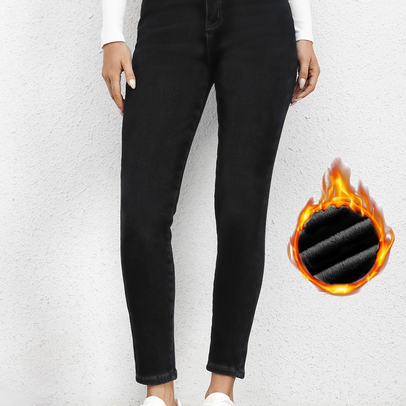 vlovelaw Plain Fleece Liner Skinny Jeans, Slim Fit Mid-Stretch Keep Warm Casual Denim Pants, Women's Denim Jeans & Clothing