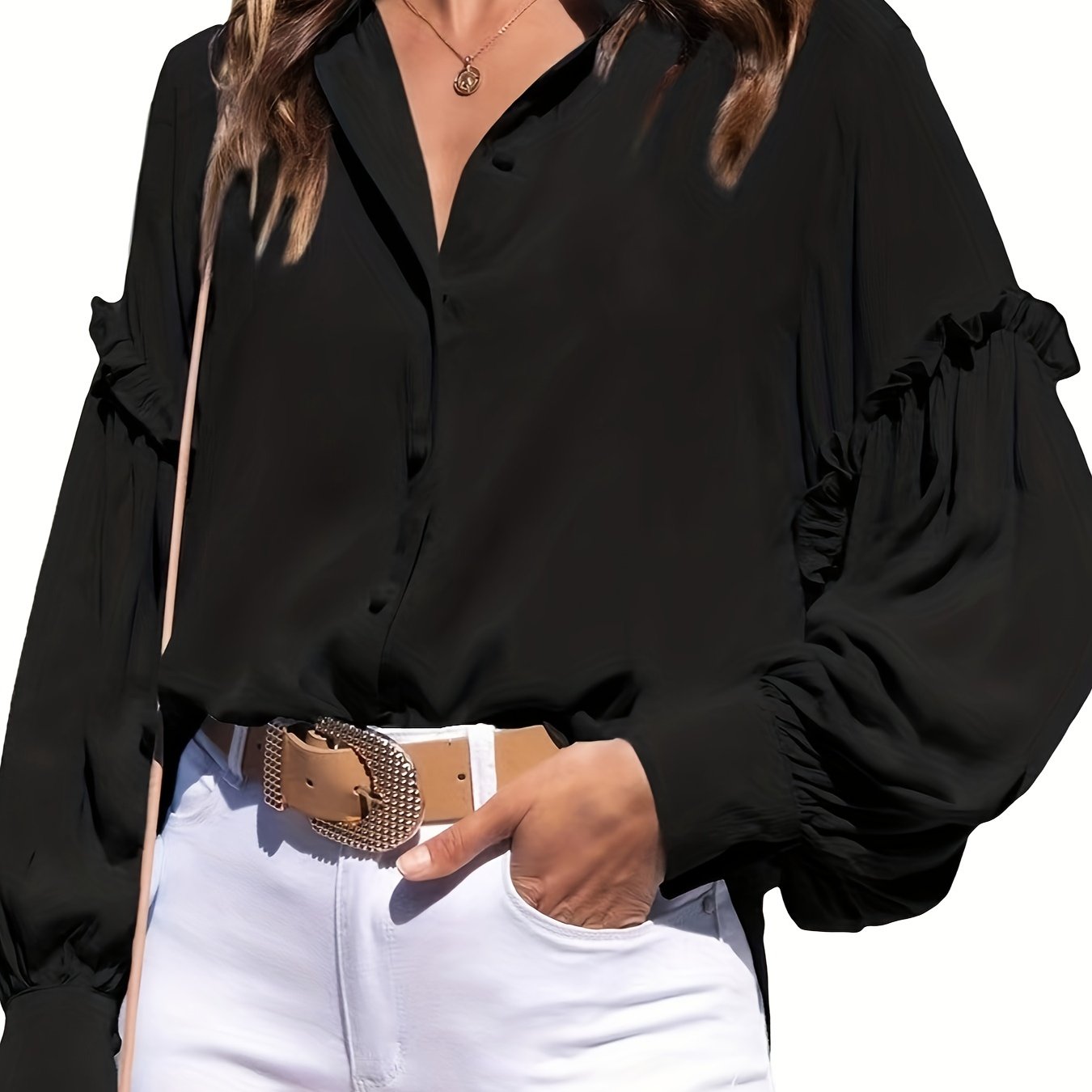 Solid Polo Collar Blouse, Casual Lantern Sleeve Blouse For Spring & Fall, Women's Clothing