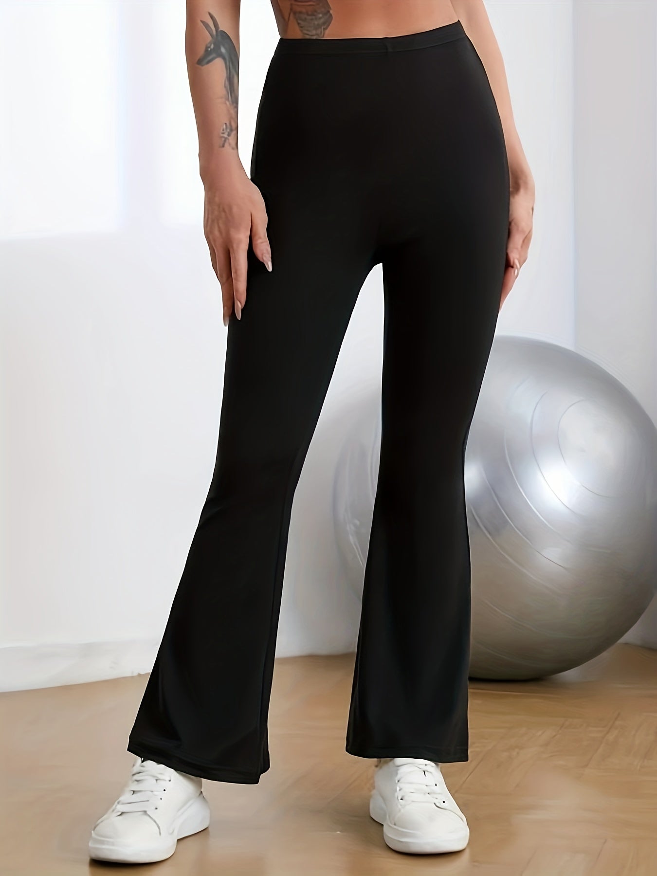 Solid Color Flare Leg Pants, High Stretch Yoga Sports Bootcut Leggings, Women's Activewear