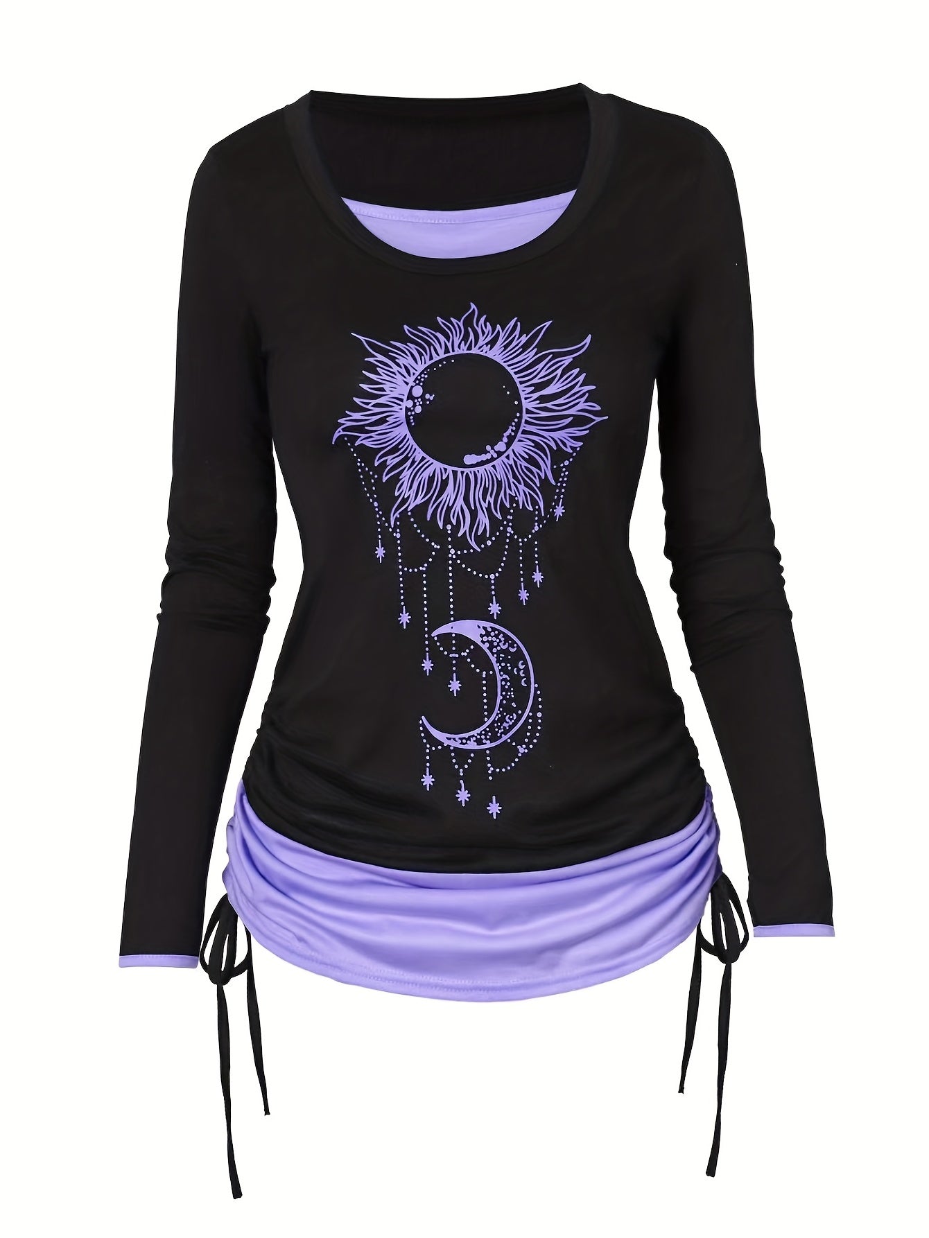 vlovelaw 2 In 1 Moon & Sun Print Side Tie T-Shirt, Casual Colorblock Ruched Long Sleeve T-Shirt, Women's Clothing