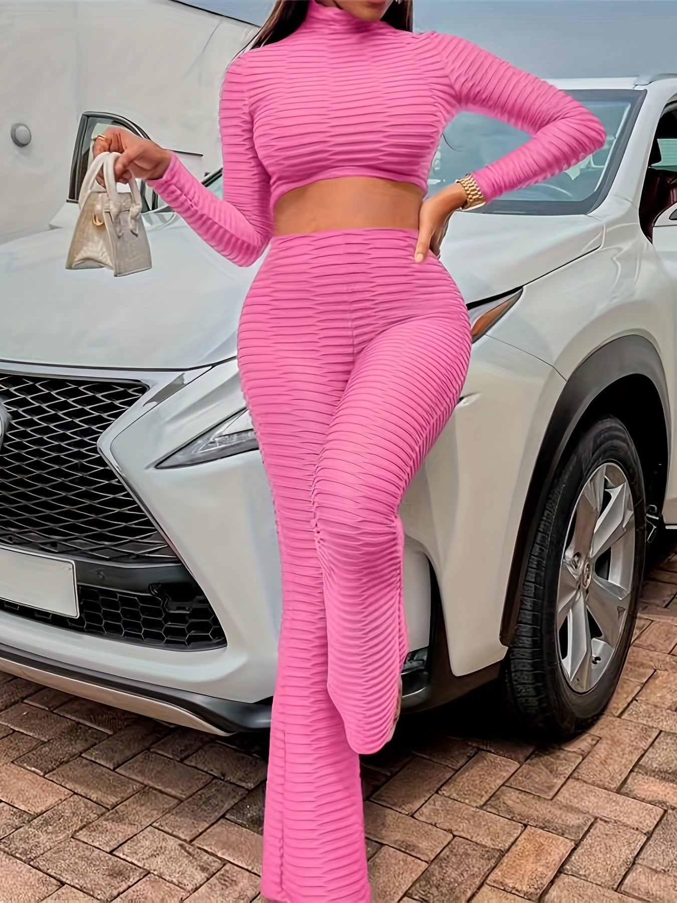 vlovelaw Casual Solid Two-piece Set, Mock Neck Crop Top & Long Pants Outfits, Women's Clothing
