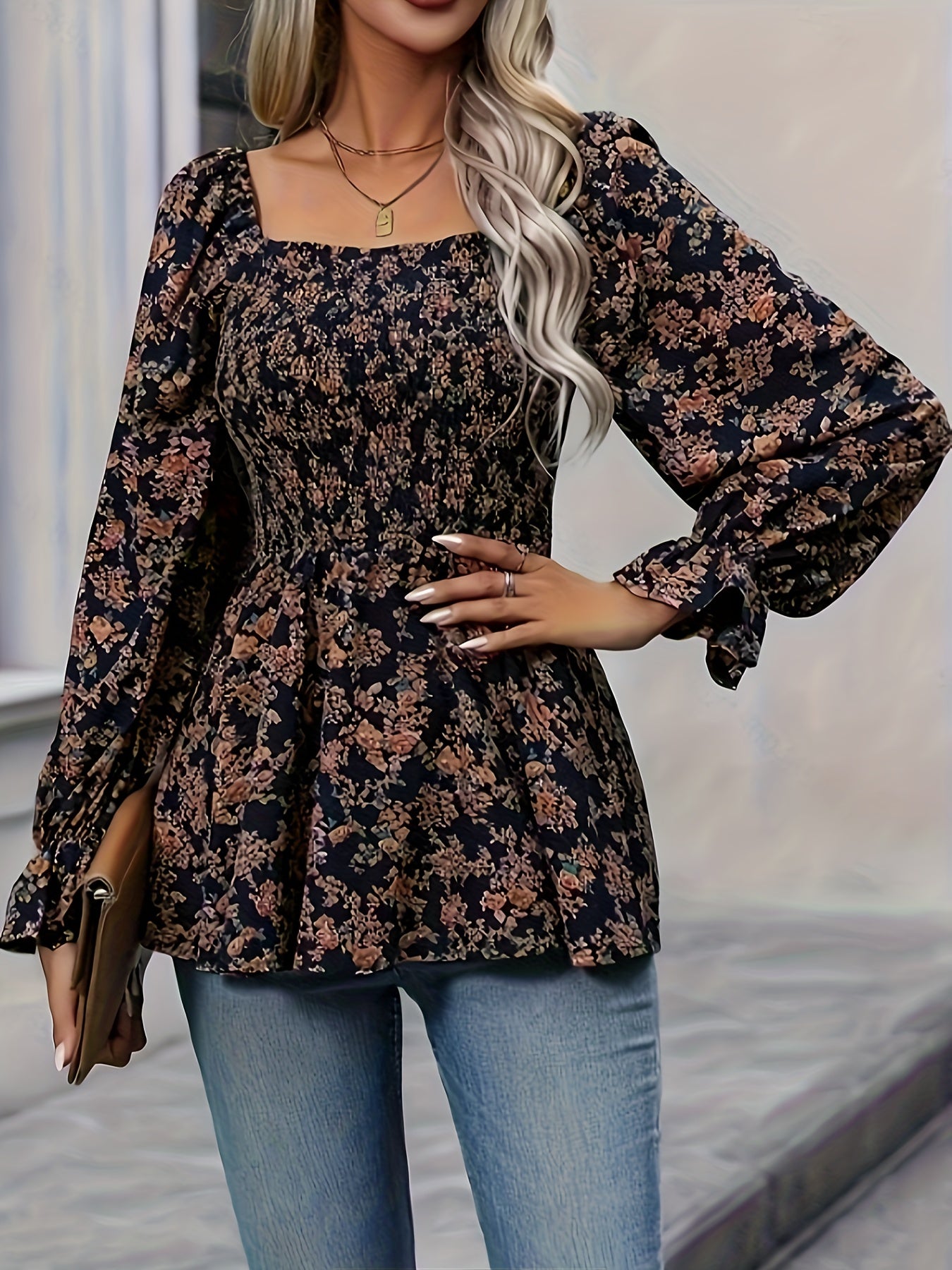 vlovelaw Floral Print Square Neck Flare Blouse, Casual Lantern Sleeve Shirred Blouse For Spring & Fall, Women's Clothing