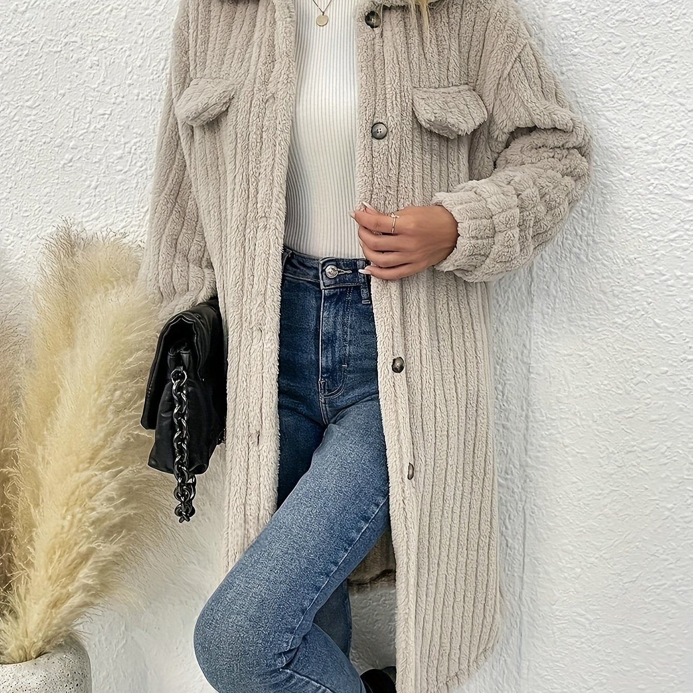 vlovelaw Button Front Lapel Plush Coat, Long Sleeve Textured Outwear For Winter, Women's Clothing