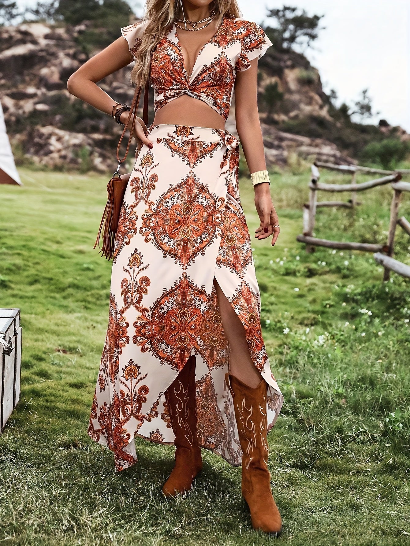 vlovelaw Floral Print Elegant Skirt Suit, Plunging Neck Short Sleeve Crop Top & High Waist Split A-line Skirt Outfits, Women's Clothing