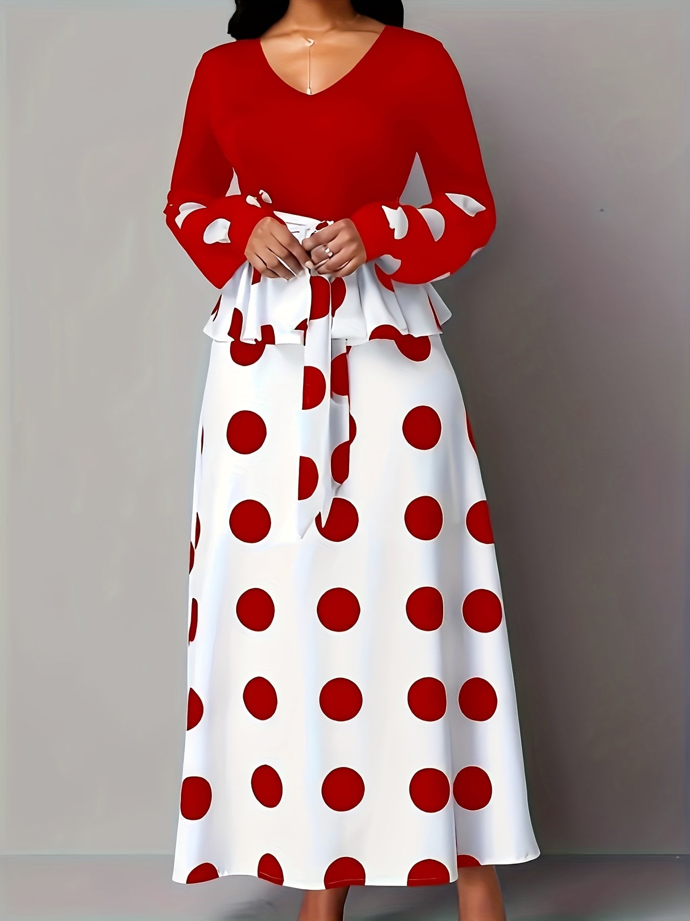vlovelaw Plus Size Polka Dot Print Dress, Elegant Ruffle Trim Long Sleeve Maxi Dress, Women's Plus Size Clothing