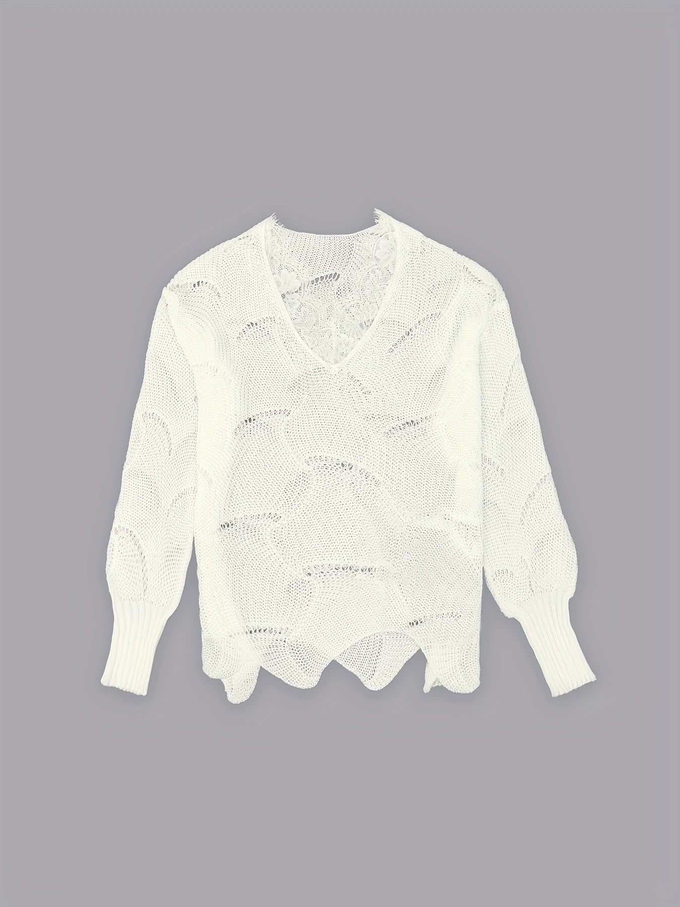 Solid Eyelet Scallop Hem Knit Sweater, Casual Lace V Neck Long Sleeve Pullover Sweater, Women's Clothing