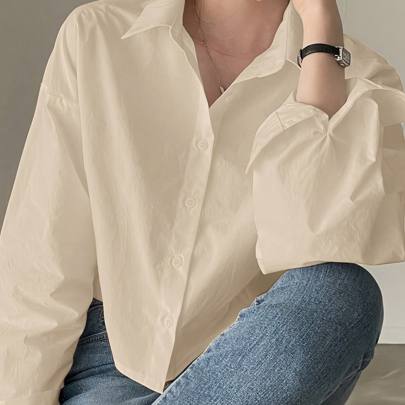 Solid Single Button Lapel Shirt, Casual Long Sleeve Shirt For Spring & Fall, Women's Clothing