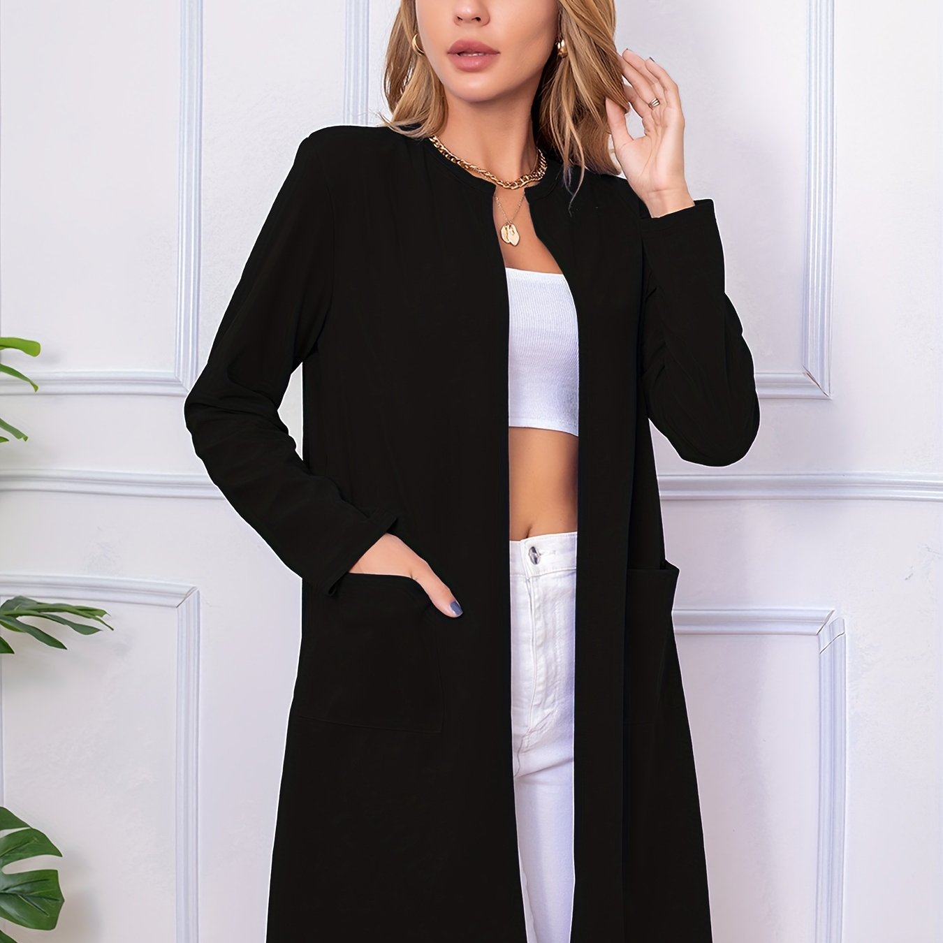 vlovelaw Long Length Open Front Coat, Casual Long Sleeve Solid Outerwear, Women's Clothing