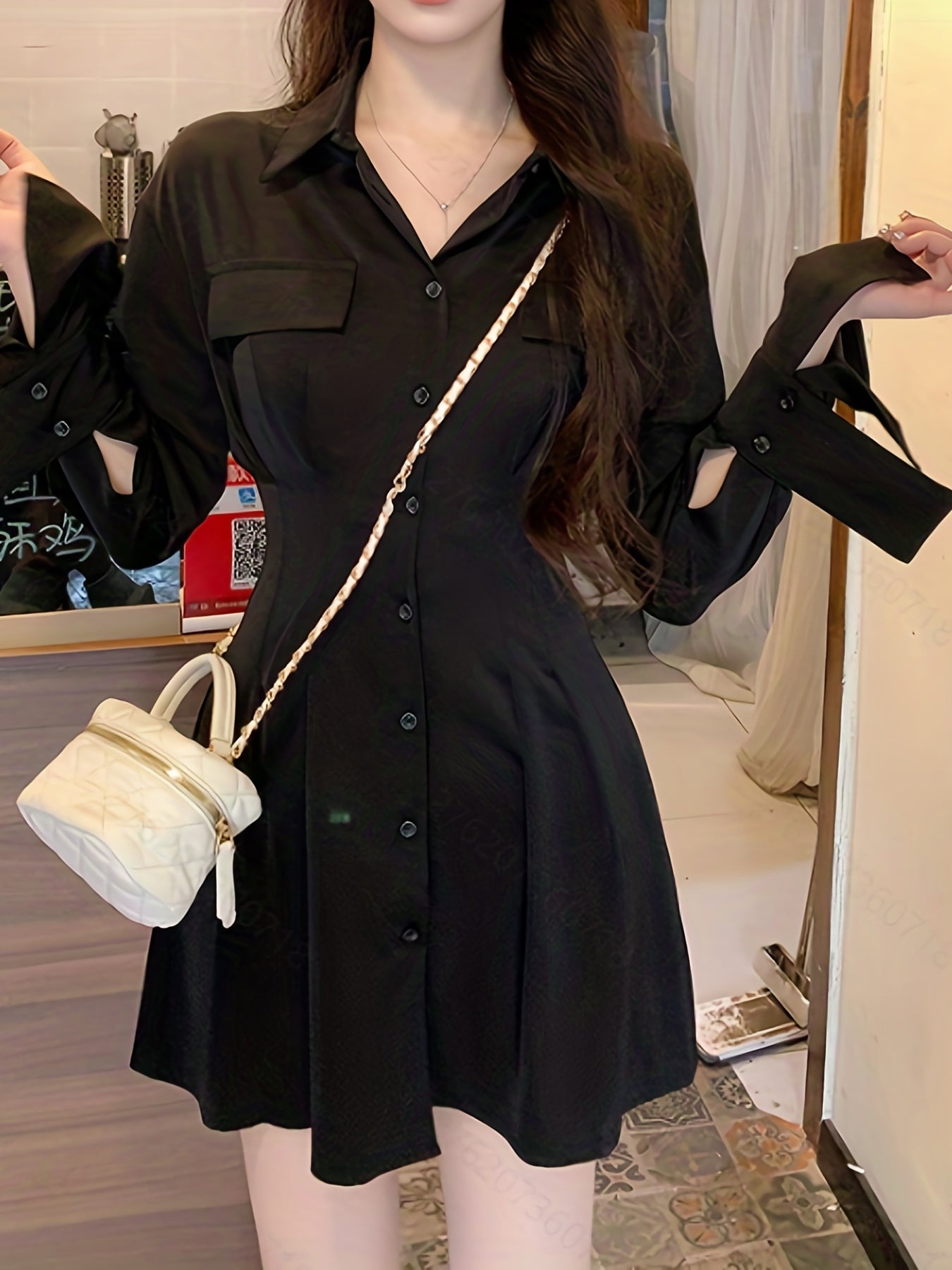 vlovelaw Button Front Tucked Dress, Casual Solid Long Sleeve Collared Shirt Dress, Women's Clothing