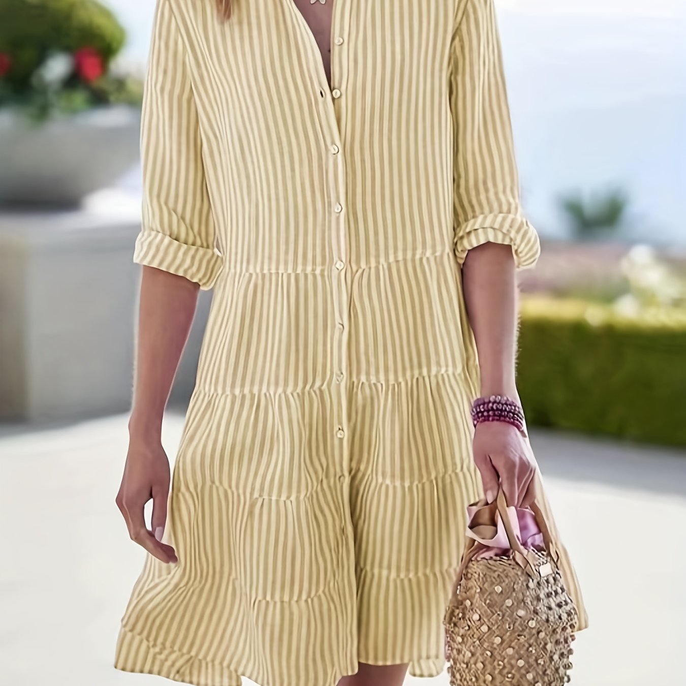 vlovelaw Striped Ruffle Layered Hem Shirt Dress, Casual Button Long Sleeve Tiered Dress, Women's Clothing