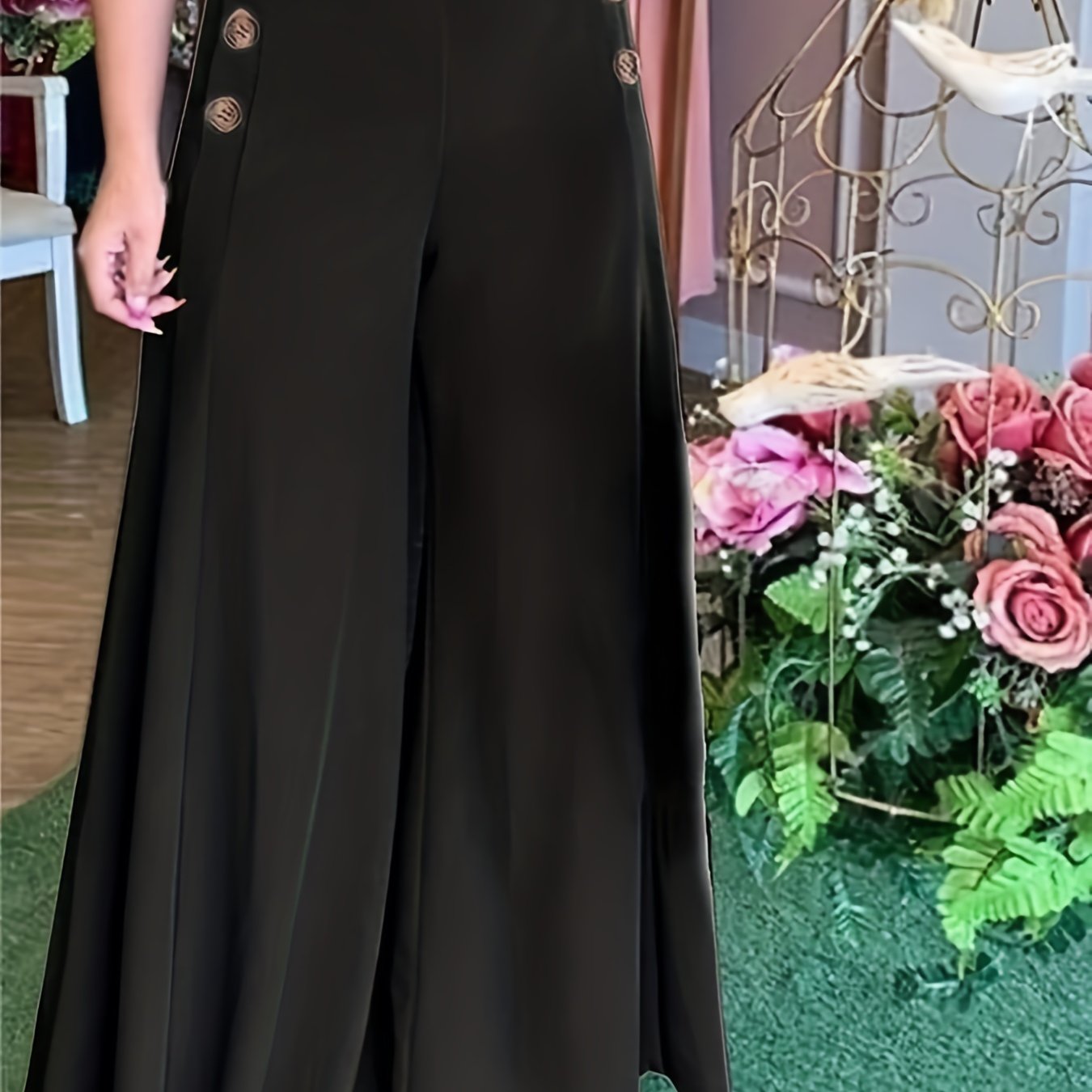 Plus Size Elegant Pants, Women's Plus Solid Mid Waisted Wide Leg Button Decor Loose Trousers