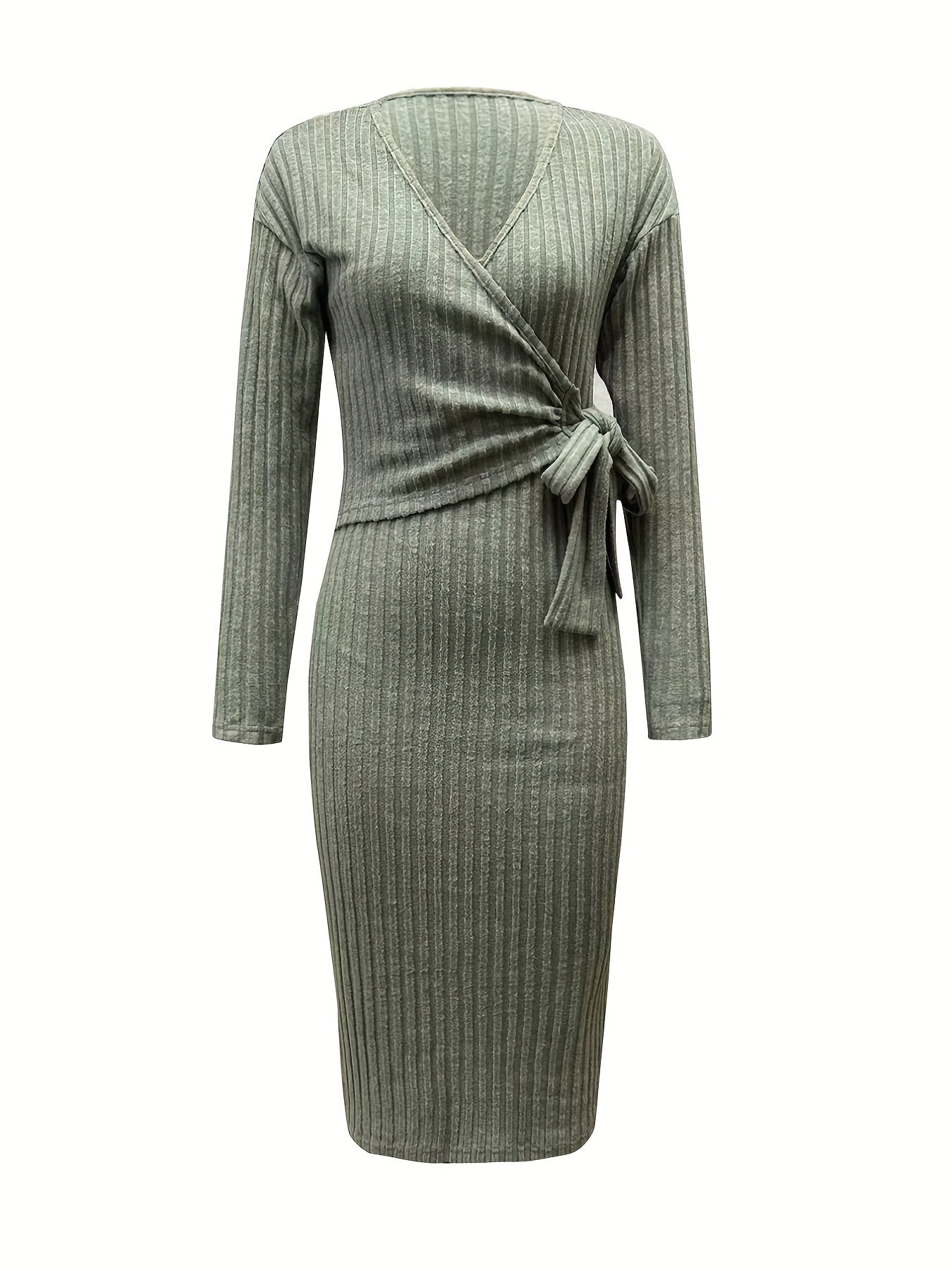 vlovelaw Ribbed Knotted Dress, Elegant V Neck Long Sleeve Bodycon Dress, Women's Clothing