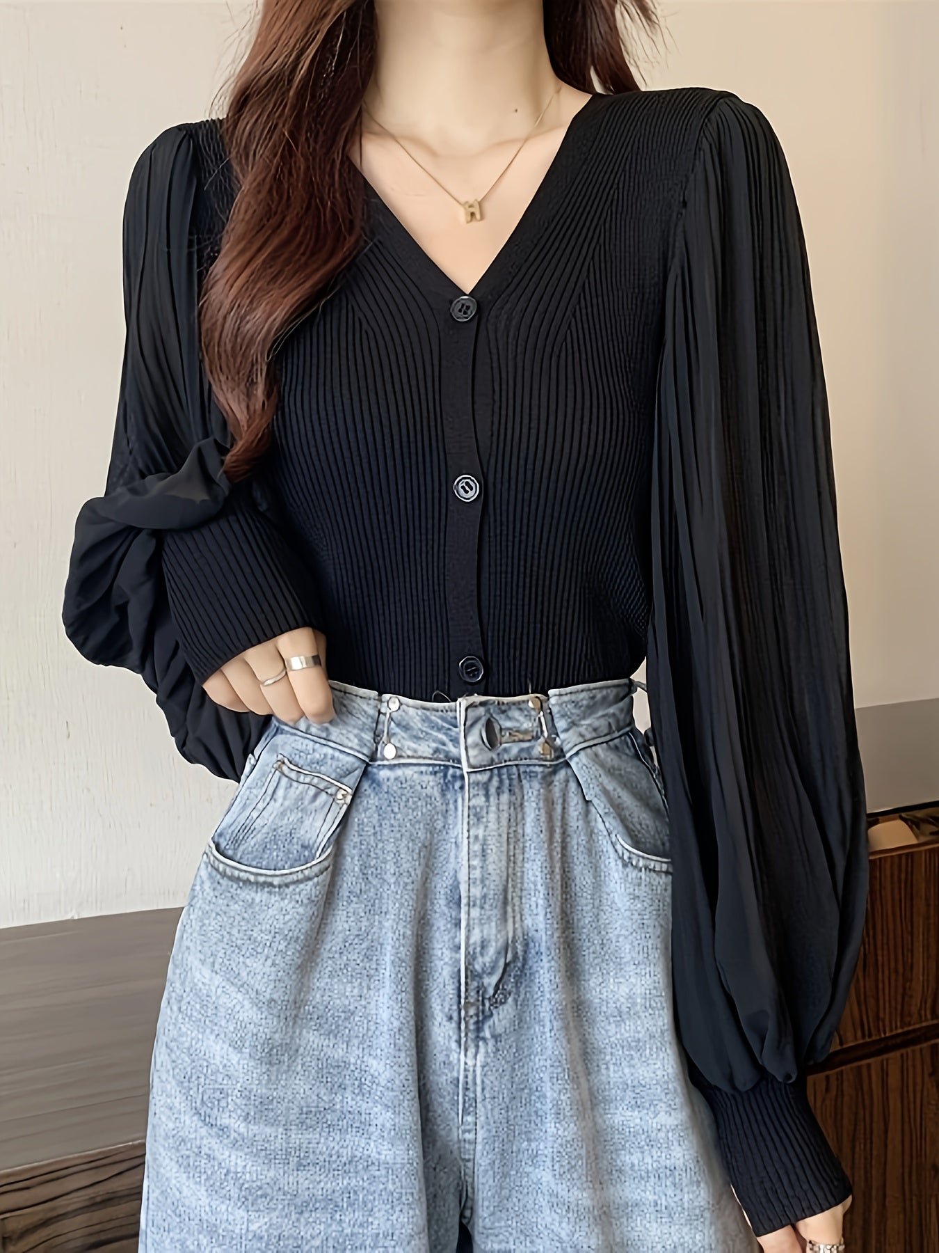 vlovelaw Solid Color Button Front Top, V Neck Slim Long Sleeve Cardigans Top For Spring & Fall, Women's Clothing