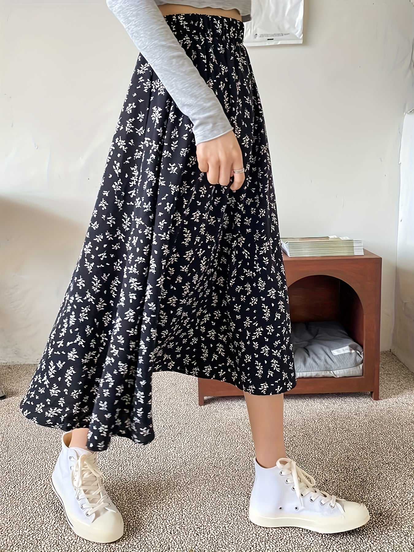 Ditsy Floral Print High Waist Skirt, Elegant Midi Skirt For Spring & Symmer, Women's Clothing