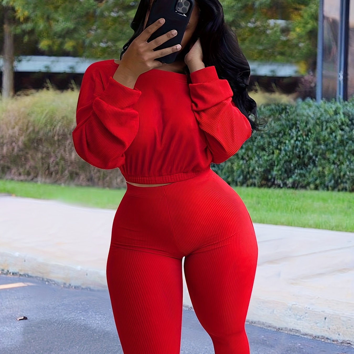vlovelaw Solid Casual Two-piece Set, Crew Neck Long Sleeve Tops & High Waist Pants Outfits, Women's Clothing