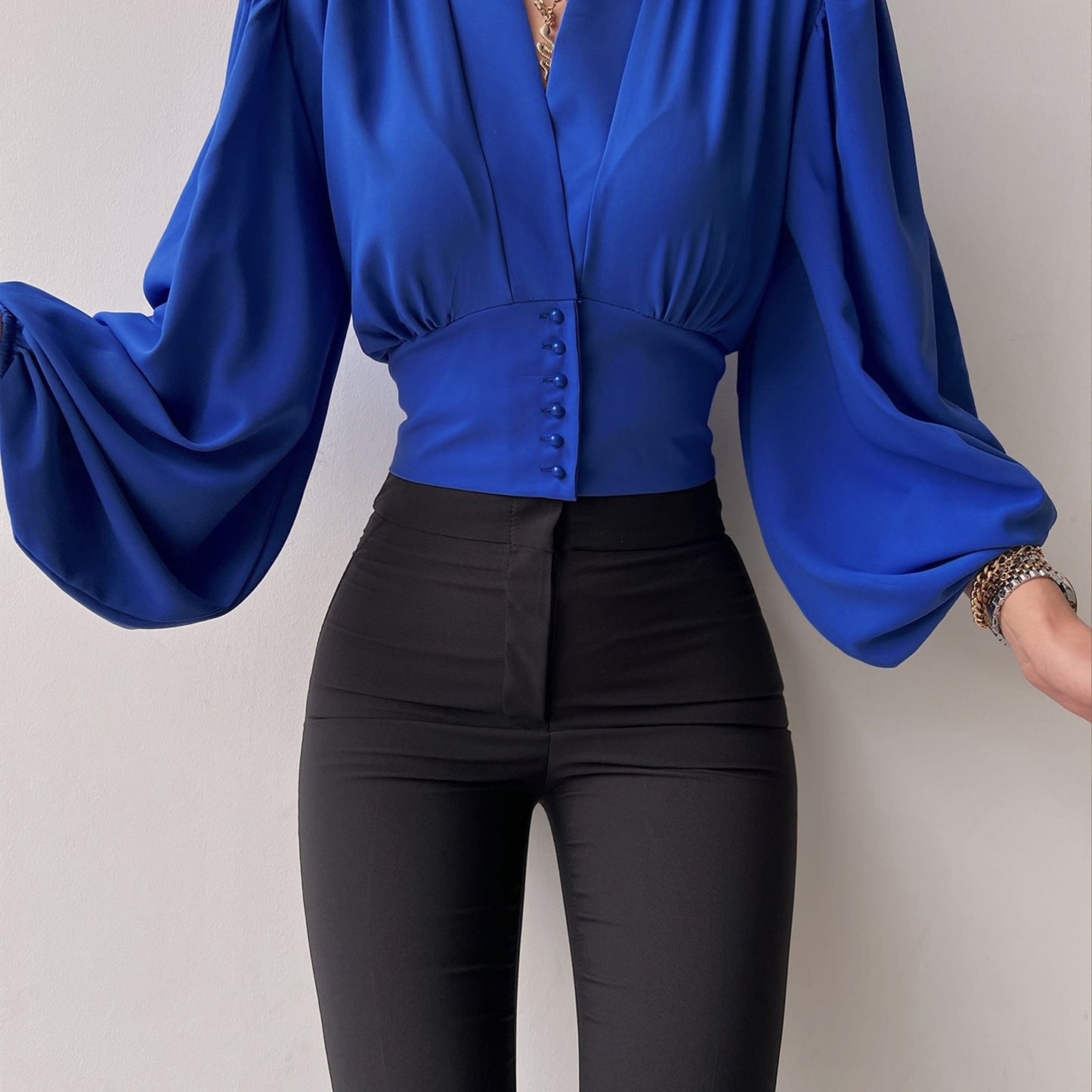 vlovelaw Solid Button Front V-neck Slim Blouse, Elegant Lantern Sleeve Blouse For Spring & Fall, Women's Clothing
