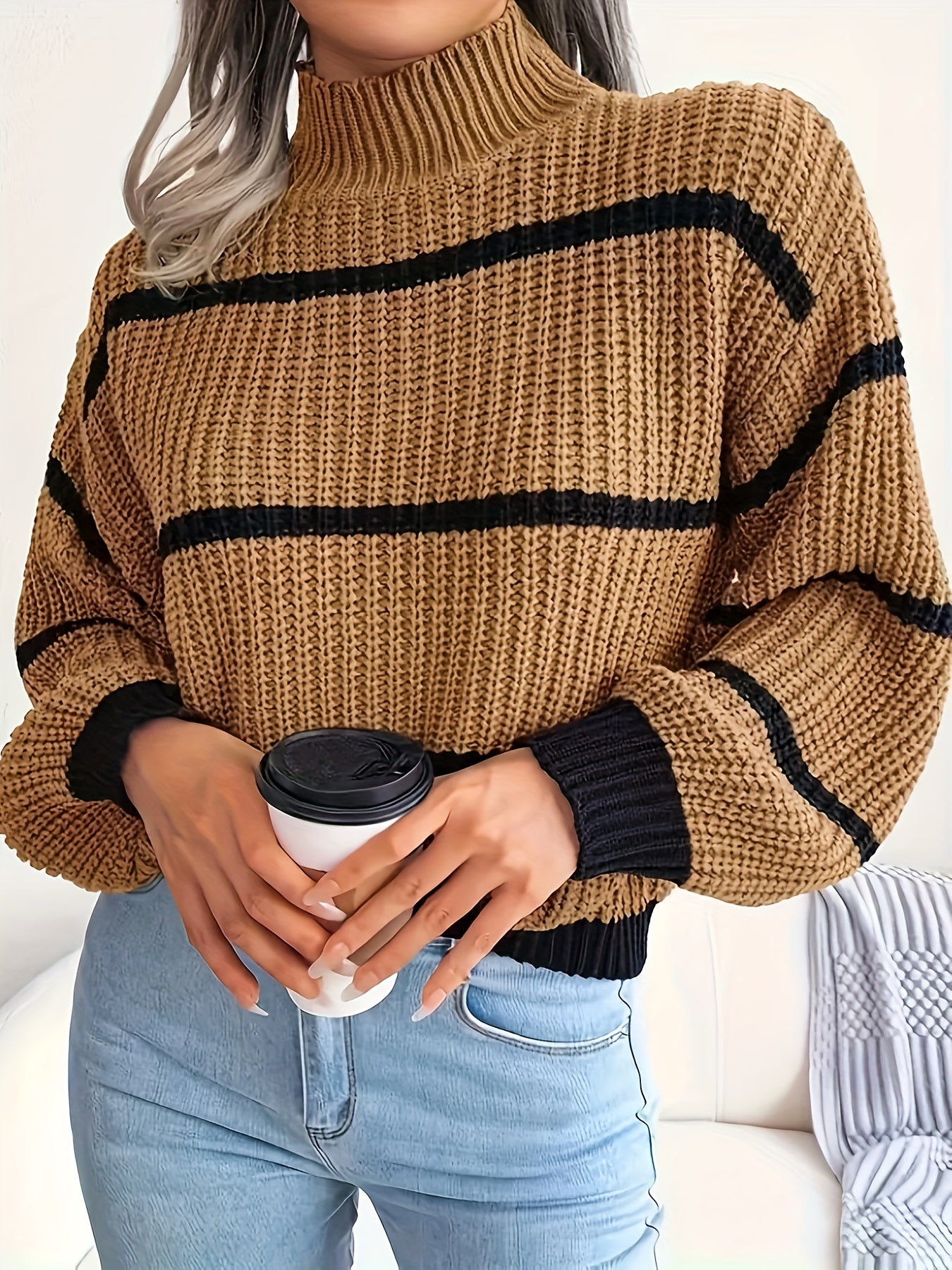 vlovelaw Striped Color Block Crew Neck Sweater, Casual Long Sleeve Loose Fall Winter Knit Sweater, Women's Clothing