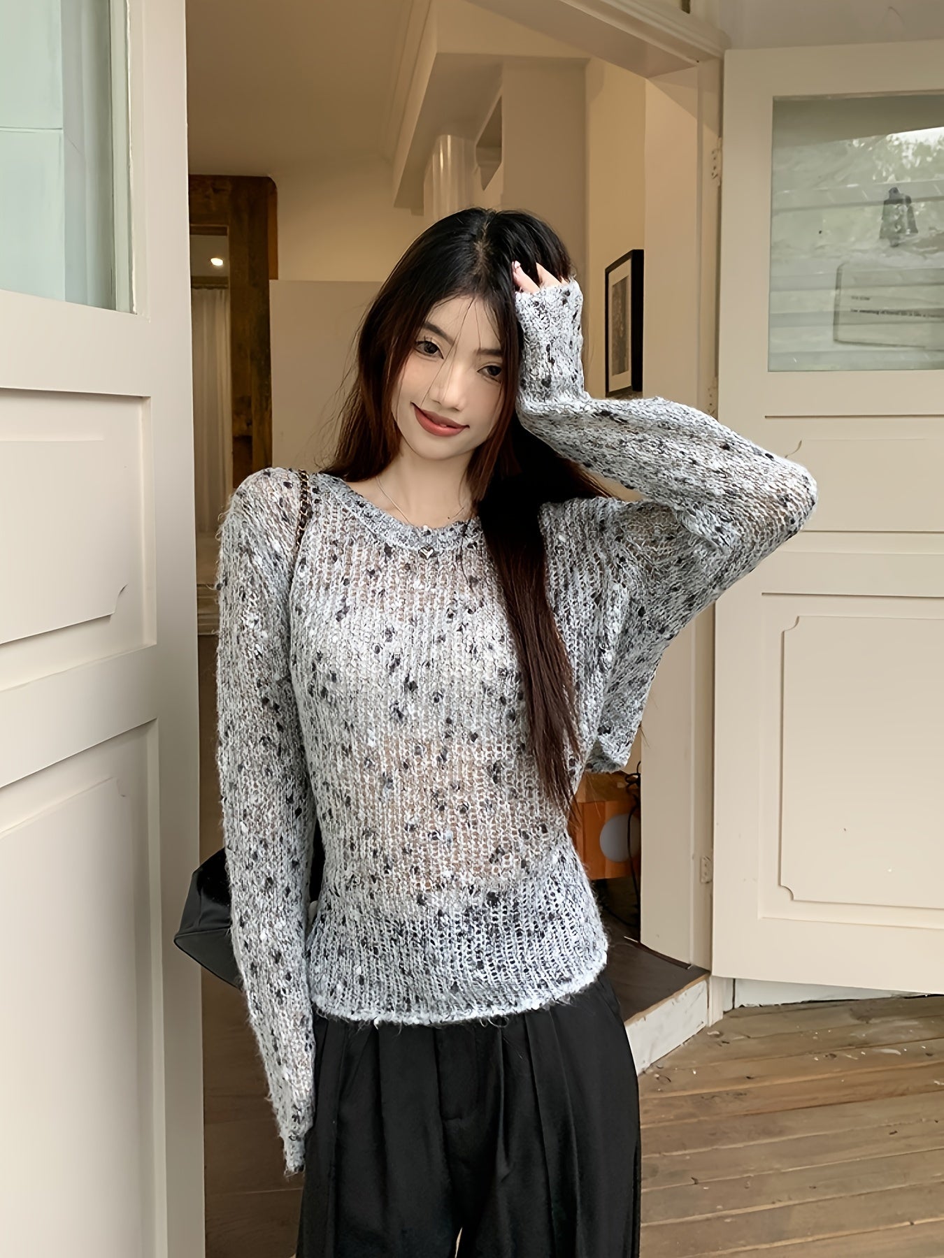 vlovelaw Colorful Dot Crew Neck Pullover Sweater, Casual Tied Back Long Sleeve Thin Knit Sweater, Women's Clothing
