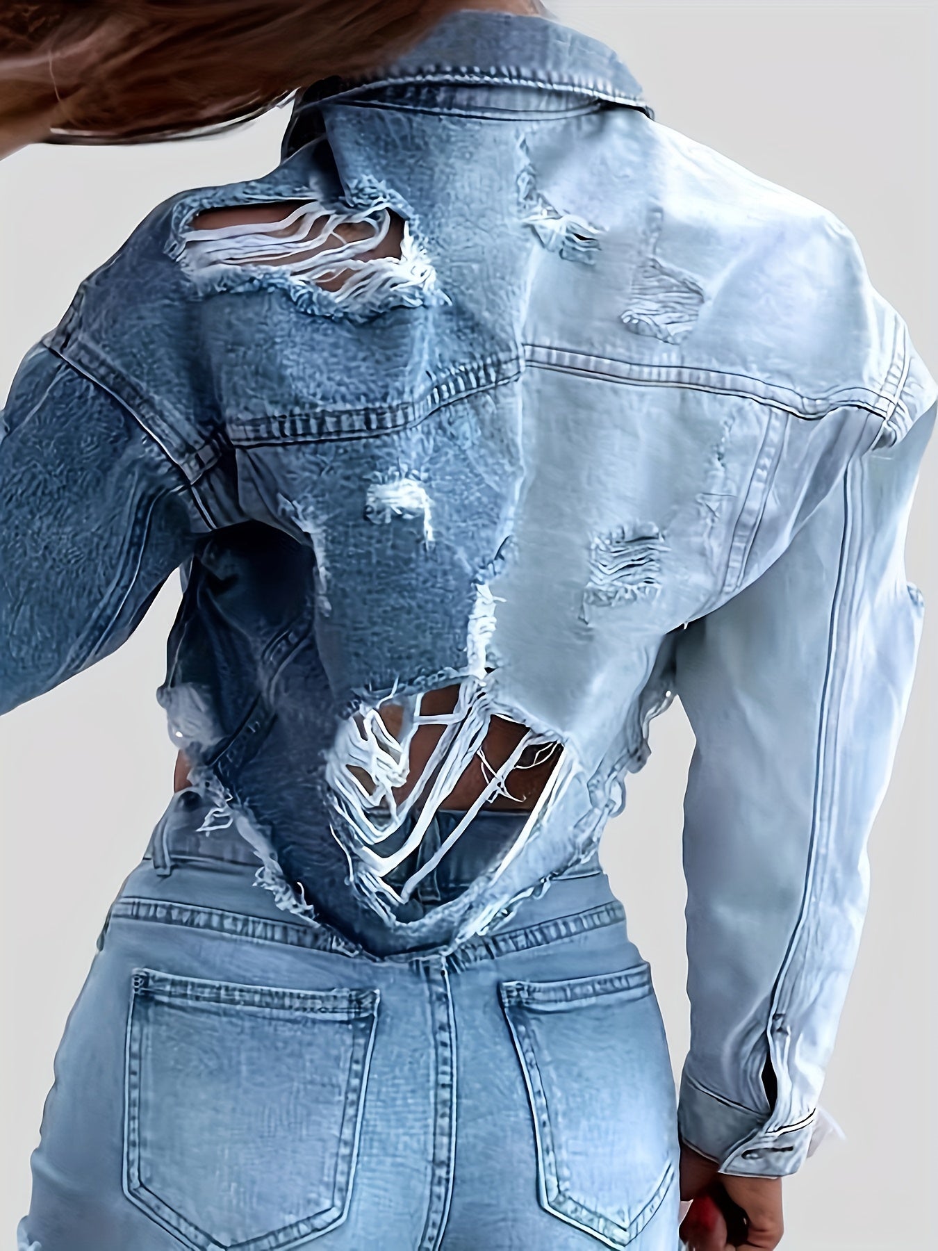 Ripped Color Block Cropped Denim Jacket, Distressed Vintage Style Single-Breasted Long Sleeve Denim Coat, Women's Denim Jeans & Clothing