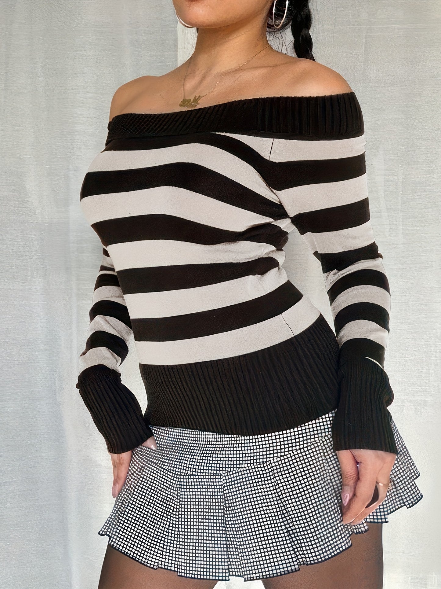 vlovelaw Stripe Pattern Off Shoulder Knit Sweater, Casual Long Sleeve Pullover Sweater, Women's Clothing