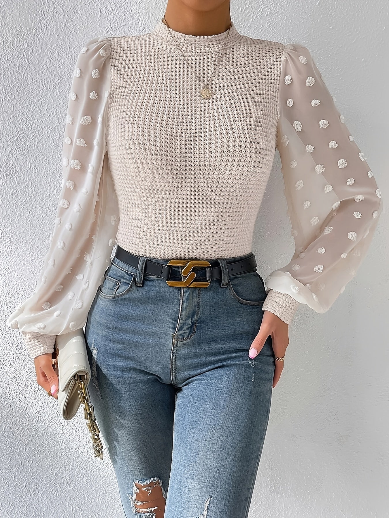 vlovelaw Swiss Dot Mock Neck Blouse, Casual Long Lantern Sleeve Blouse For Spring & Fall, Women's Clothing