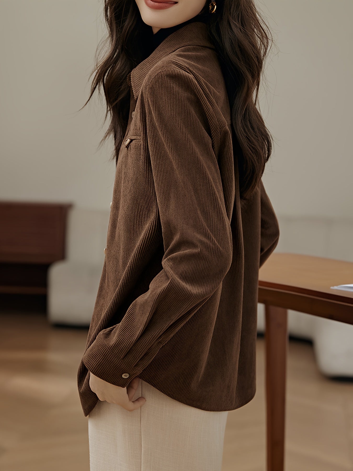 Ribbed Polo Collar Button Shirt, Elegant Long Sleeve Shirt For Spring & Fall, Women's Clothing