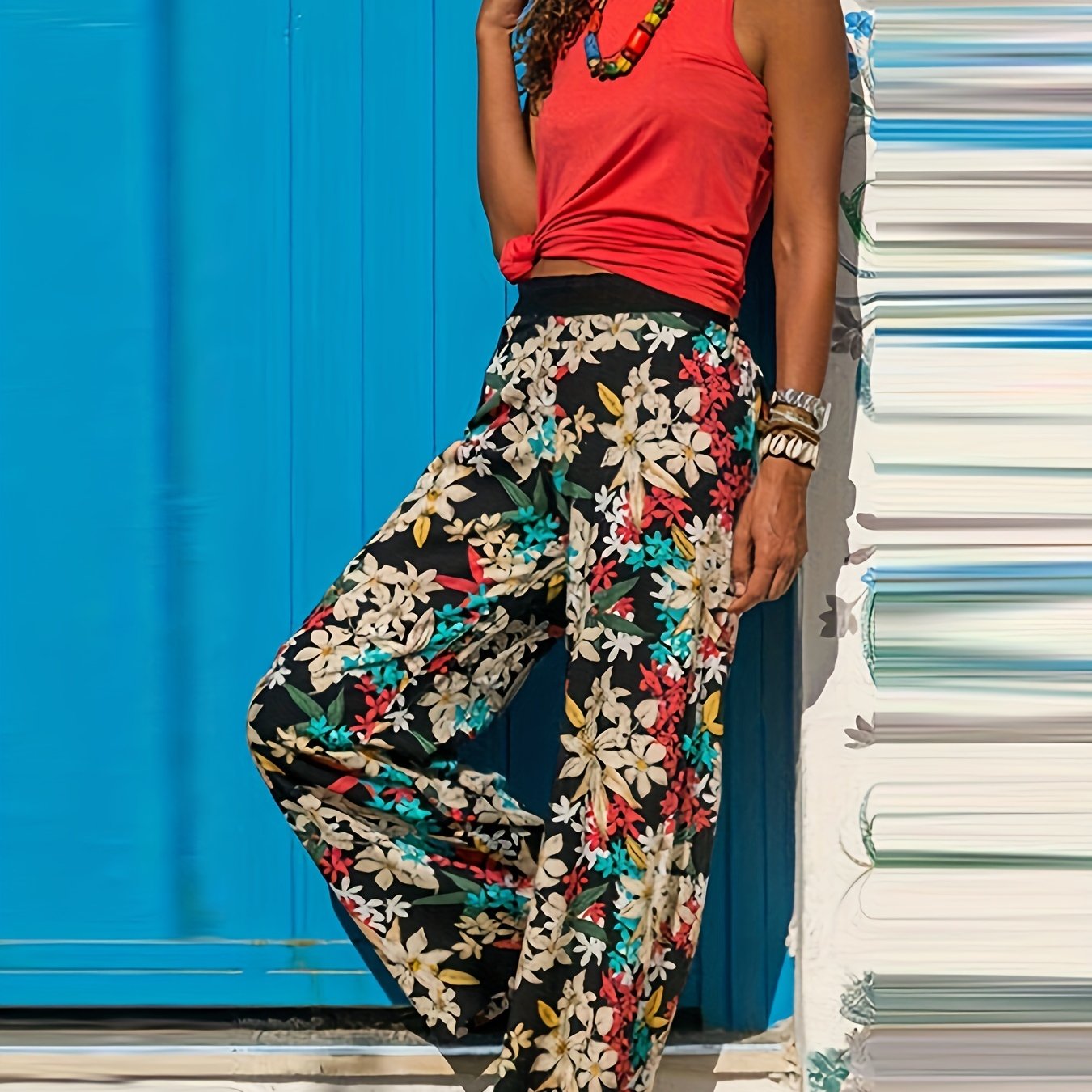 vlovelaw Plus Size Boho Pants, Women's Plus Damask Print High Rise Medium Stretch Straight Leg Pants