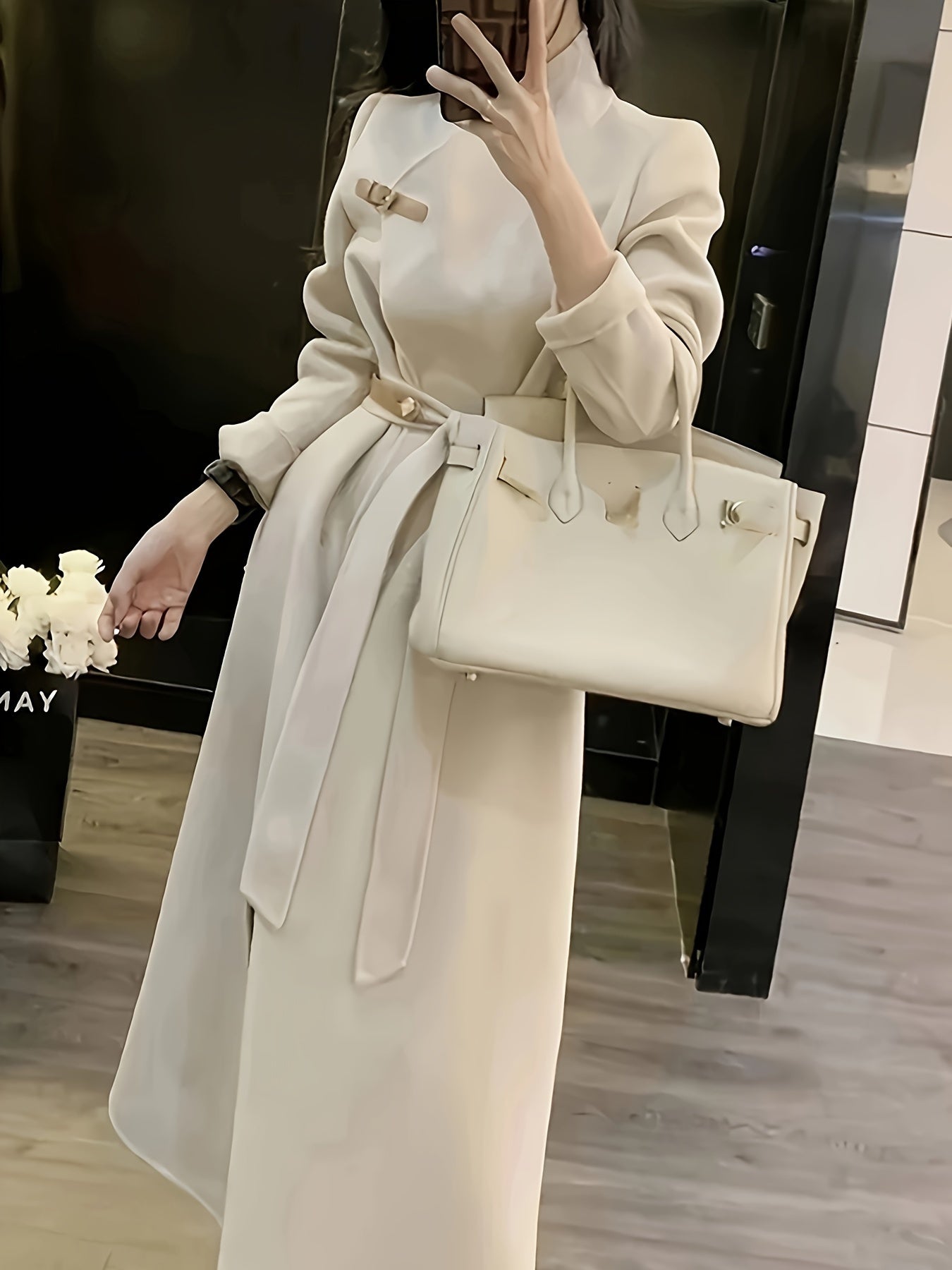 vlovelaw Solid Open Front Overcoat, Elegant Long Sleeve Belted Outwear For Fall & Winter, Women's Clothing