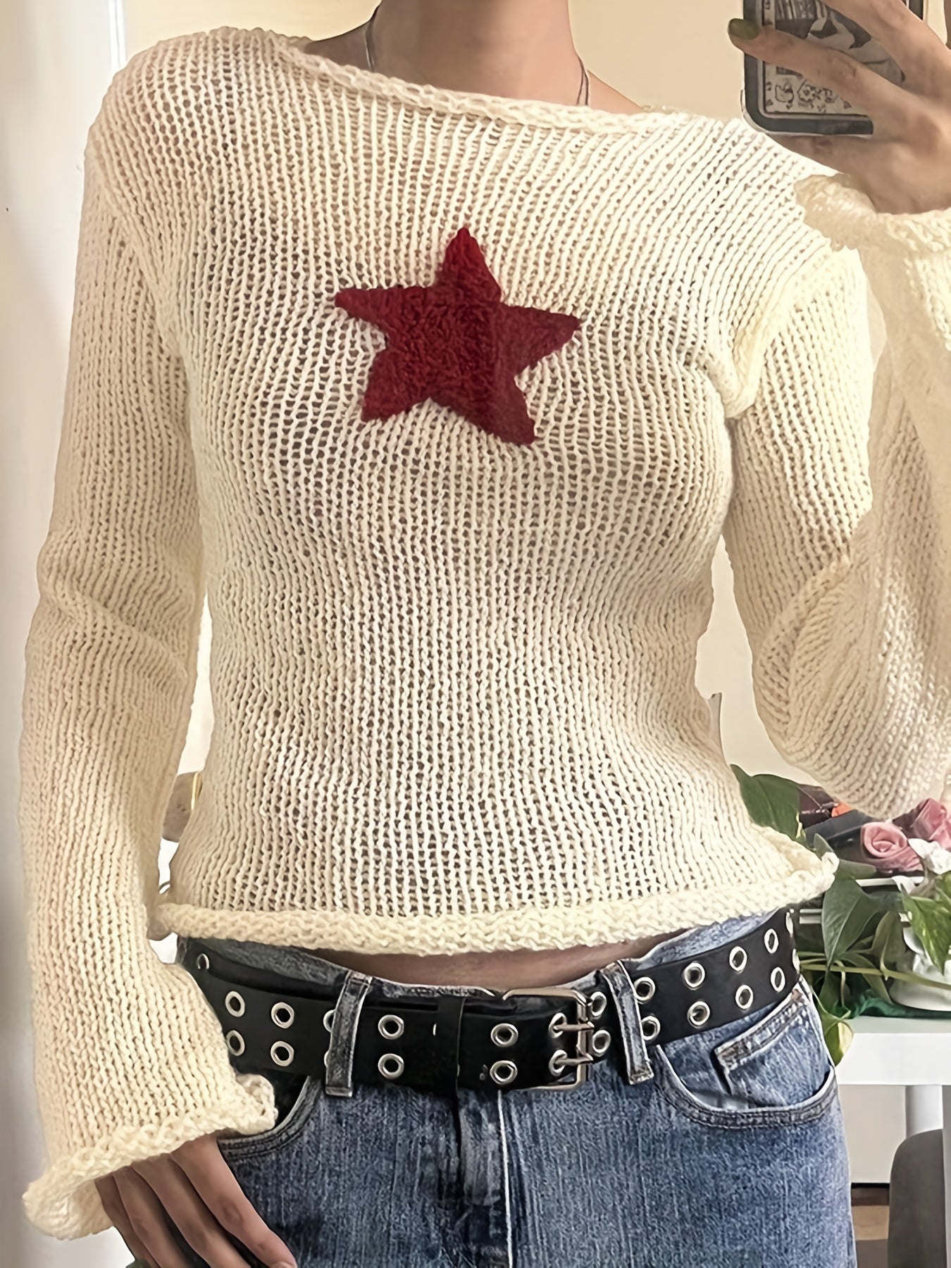 Y2K Star Pattern Boat Neck Pullover Sweater, Casual Long Sleeve Sweater For Spring & Fall, Women's Clothing