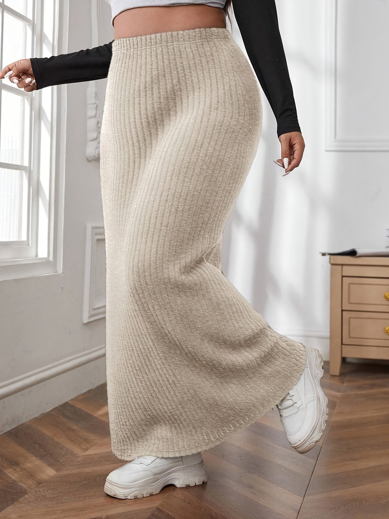 vlovelaw Plus Size Solid Ribbed Slim Skirt, Casual Every Day Elastic Waist Ankle Skirt, Women's Plus Size Clothing