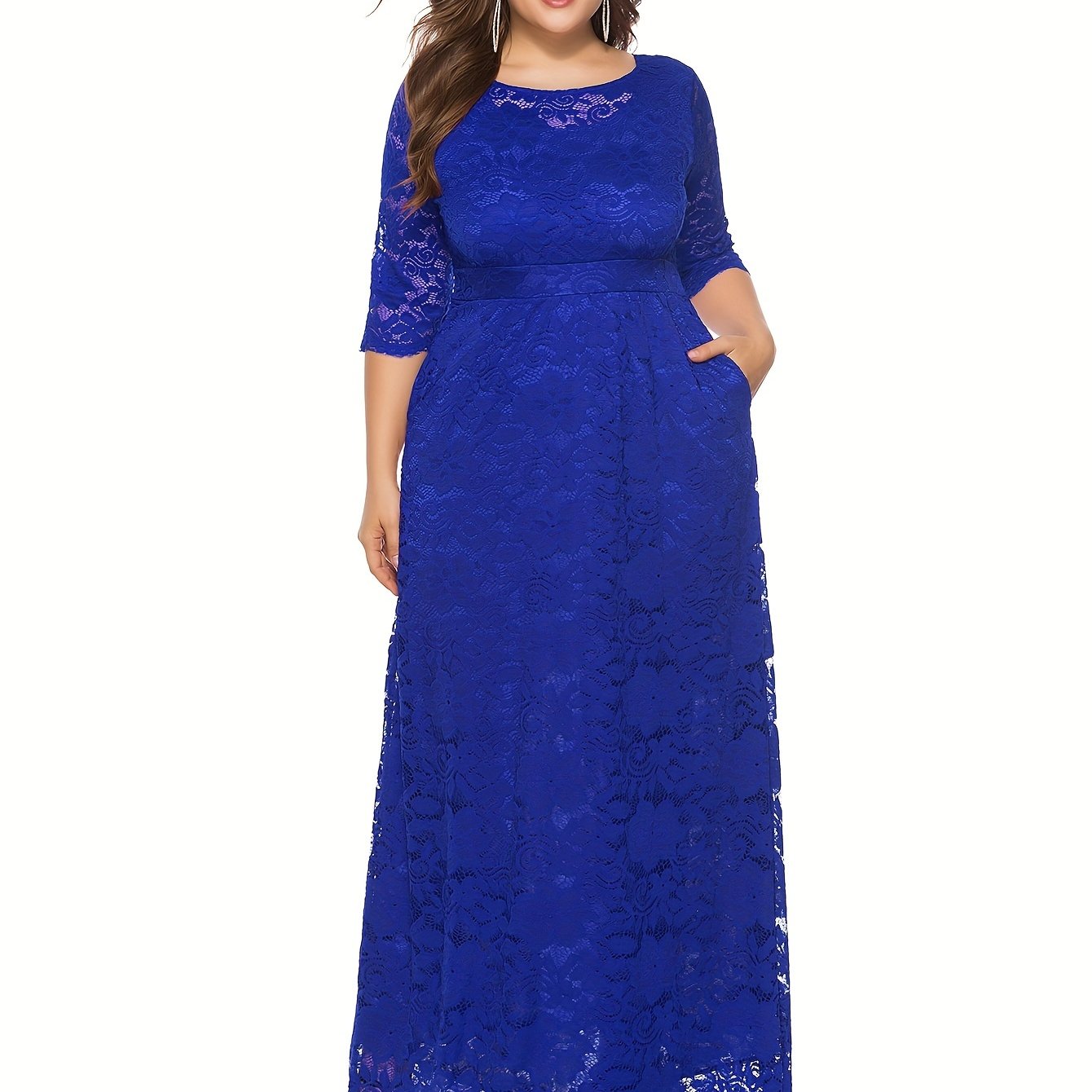 Plus Size Elegant 3/4 Sleeve Crew Neck Lace Dress - Fitted, Trapeze Hem, Pocket Details - Perfect for Wedding, Evening, Occasion, Engagement, Ceremony, and All-Season Events